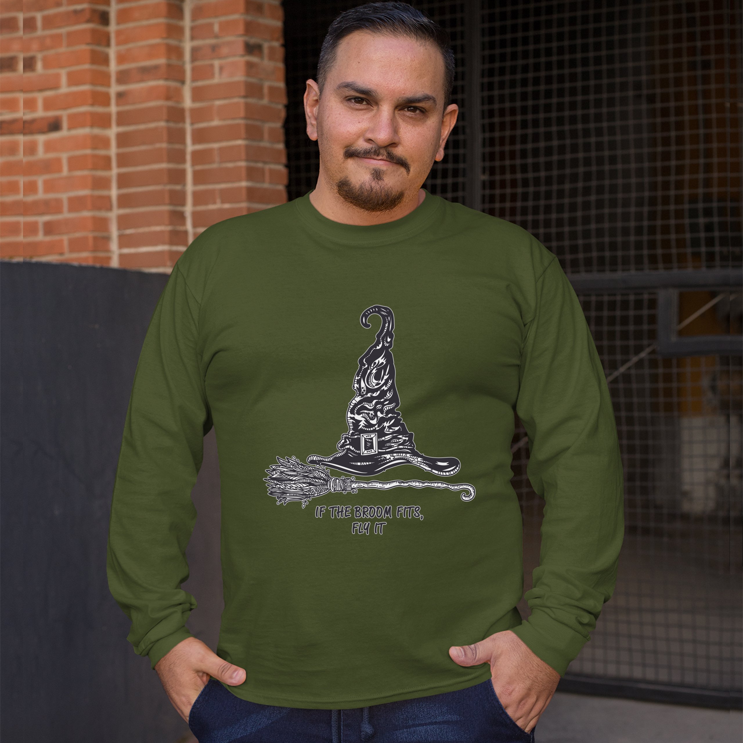 If the Broom Fits, Fly It Long Sleeve T-shirt Funny Witch Hat Halloween - Picture 33 of 45