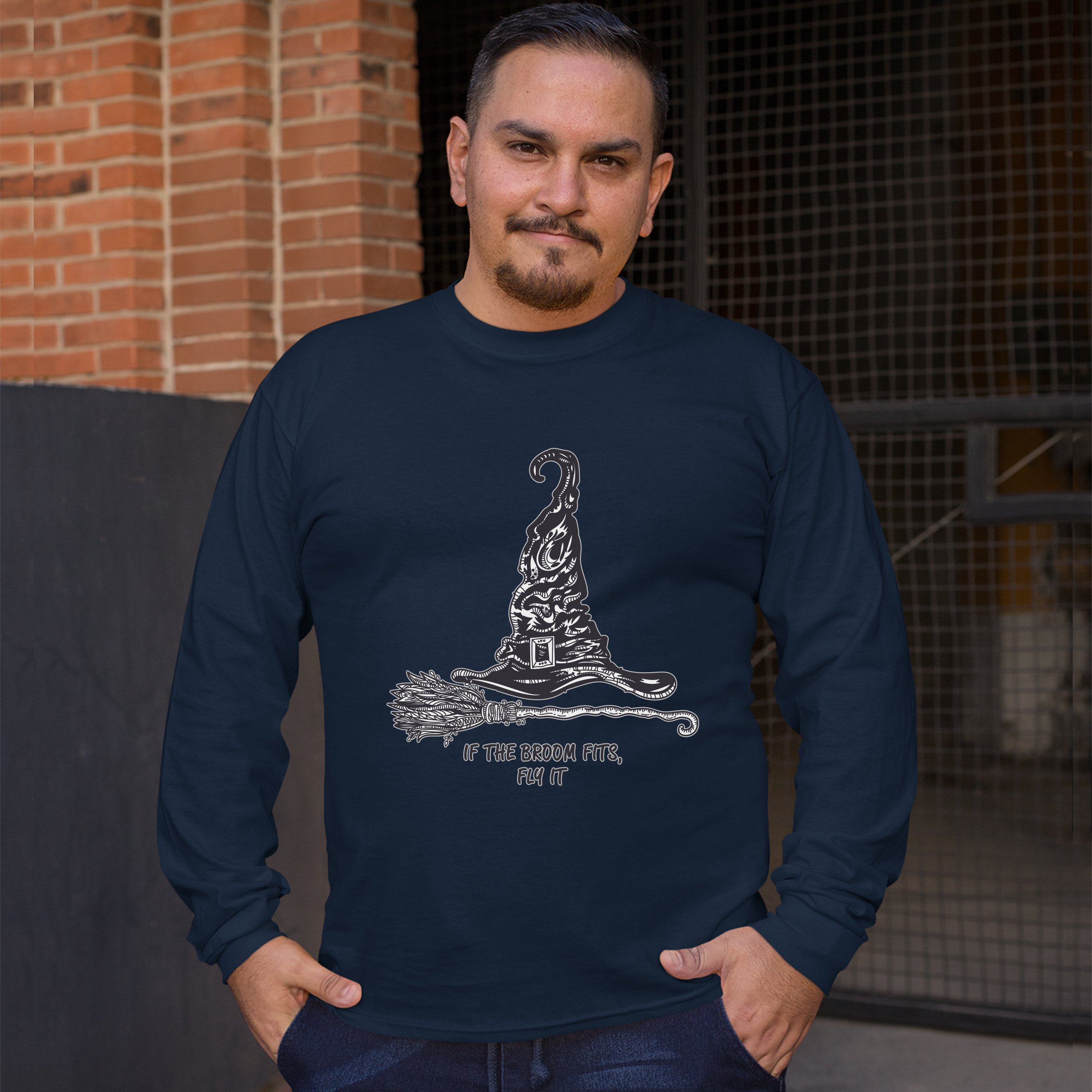 If the Broom Fits, Fly It Long Sleeve T-shirt Funny Witch Hat Halloween - Picture 25 of 45