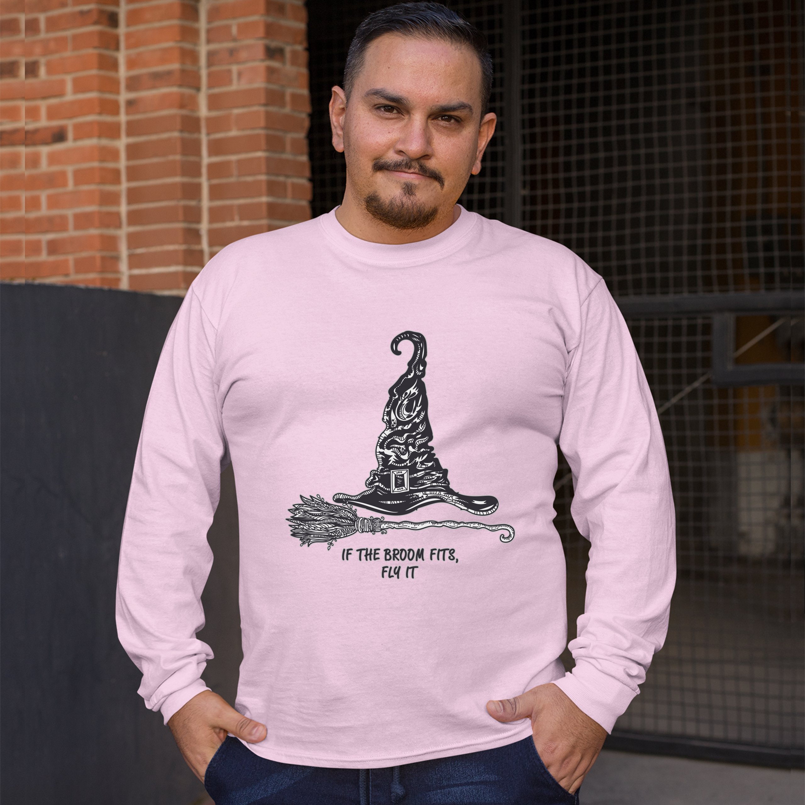 If the Broom Fits, Fly It Long Sleeve T-shirt Funny Witch Hat Halloween - Picture 45 of 45