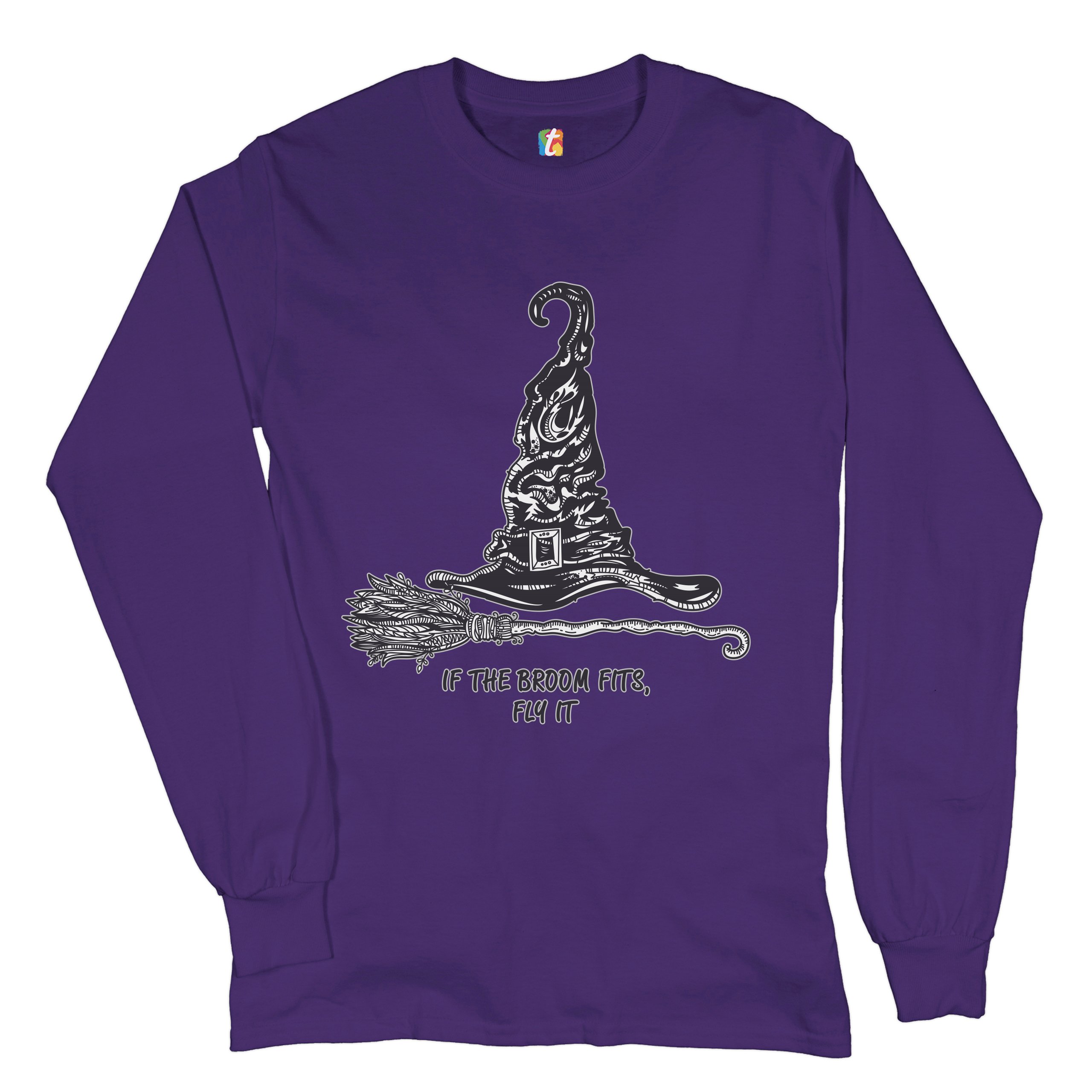 If the Broom Fits, Fly It Long Sleeve T-shirt Funny Witch Hat Halloween - Picture 10 of 45