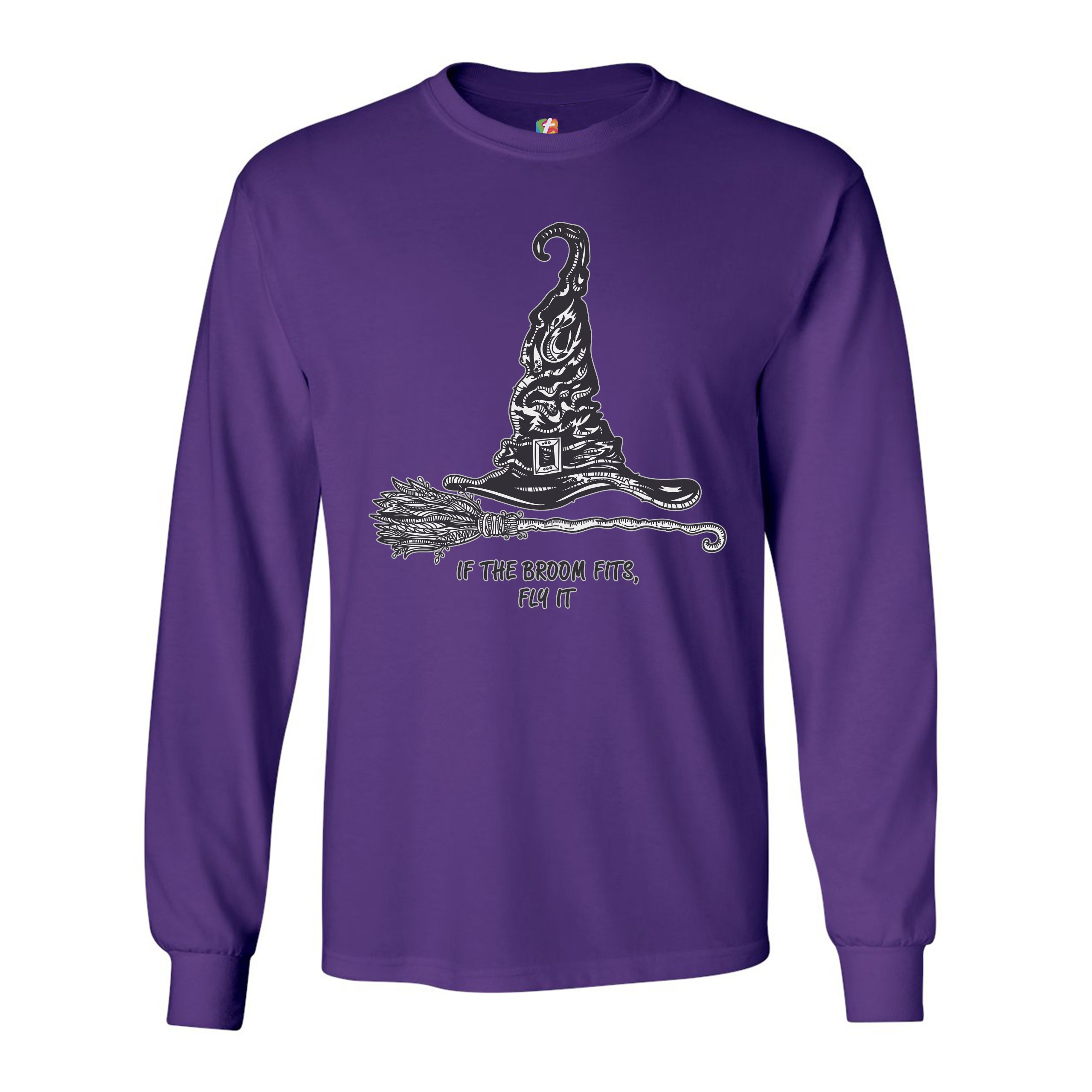 If the Broom Fits, Fly It Long Sleeve T-shirt Funny Witch Hat Halloween - Picture 11 of 45