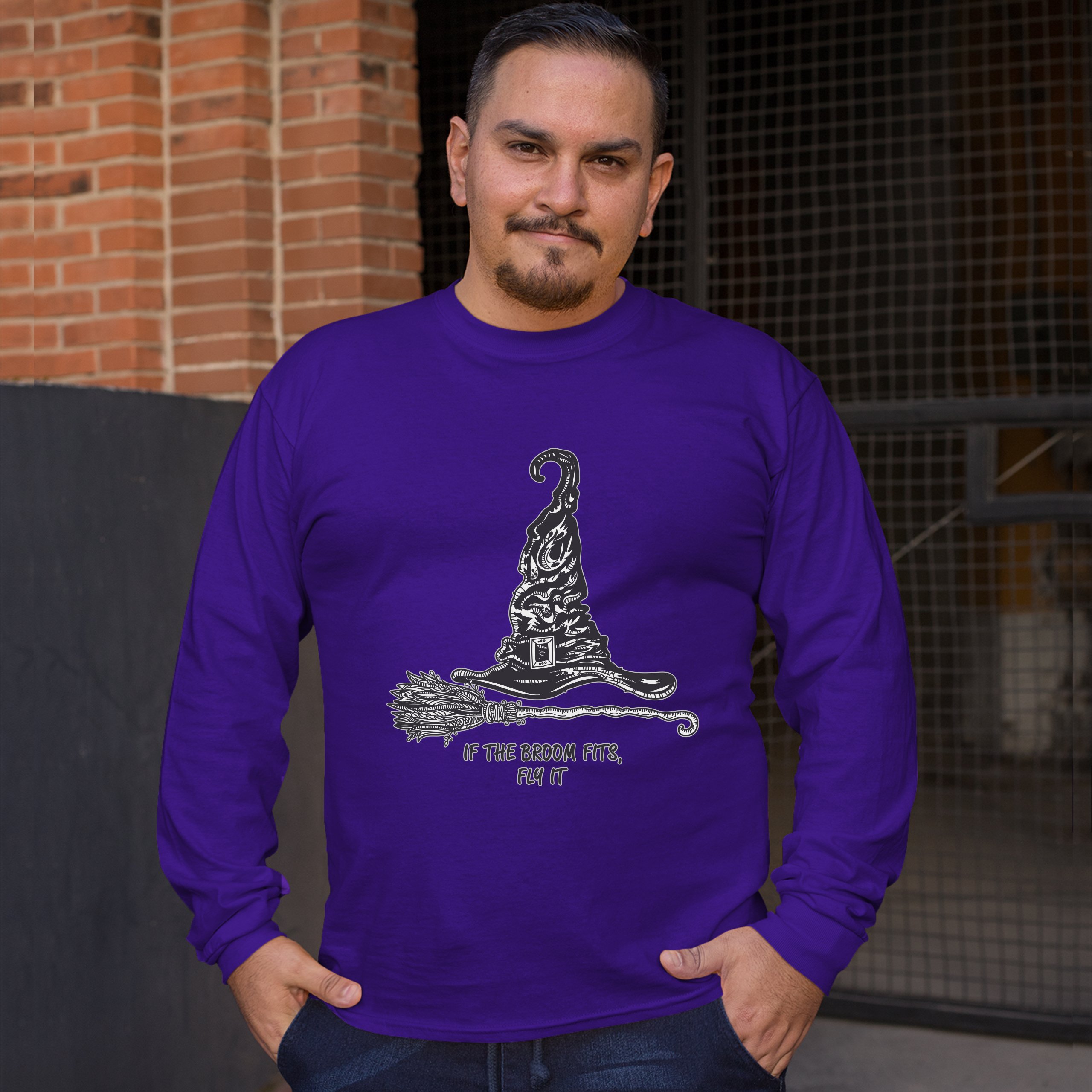 If the Broom Fits, Fly It Long Sleeve T-shirt Funny Witch Hat Halloween - Picture 13 of 45