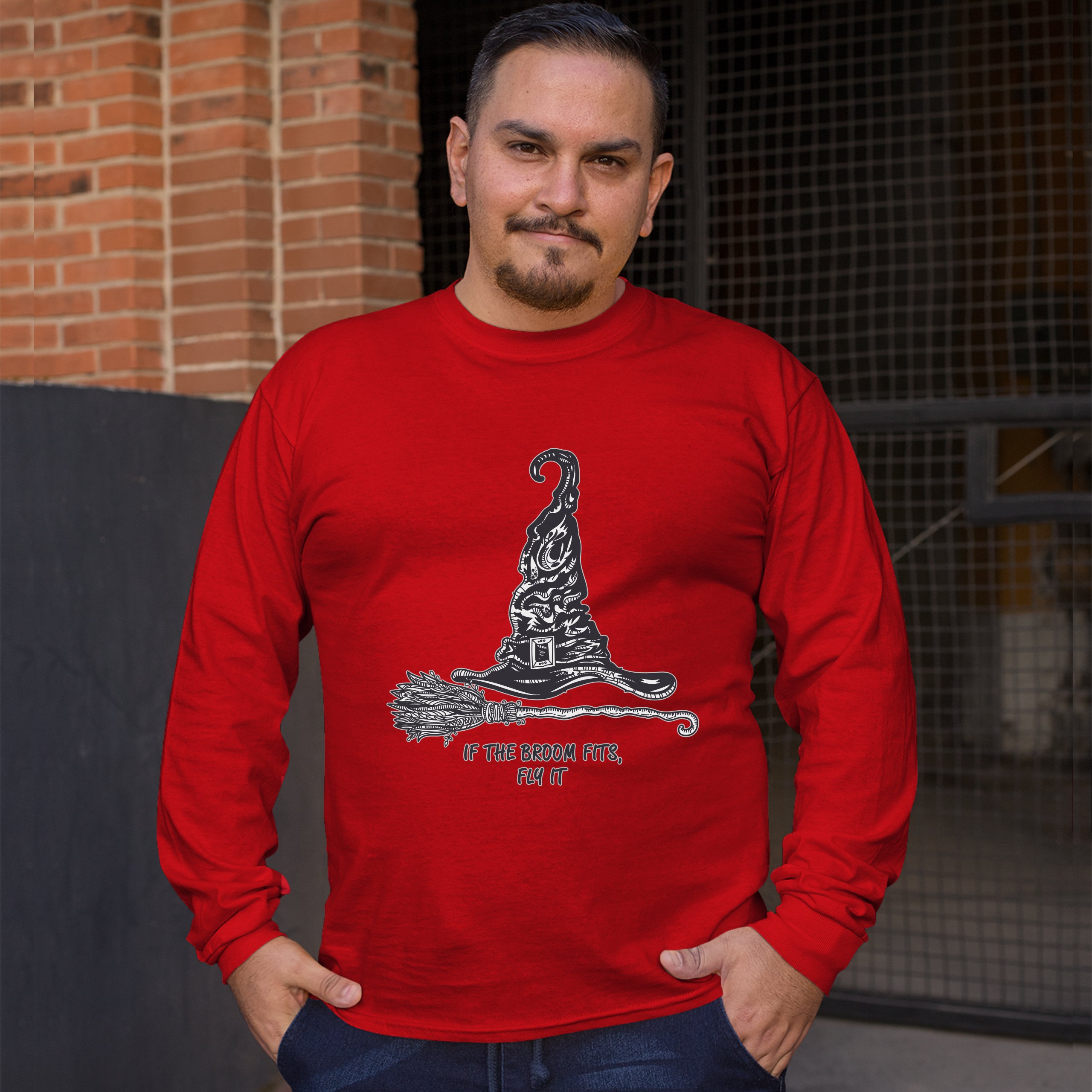 If the Broom Fits, Fly It Long Sleeve T-shirt Funny Witch Hat Halloween - Picture 17 of 45