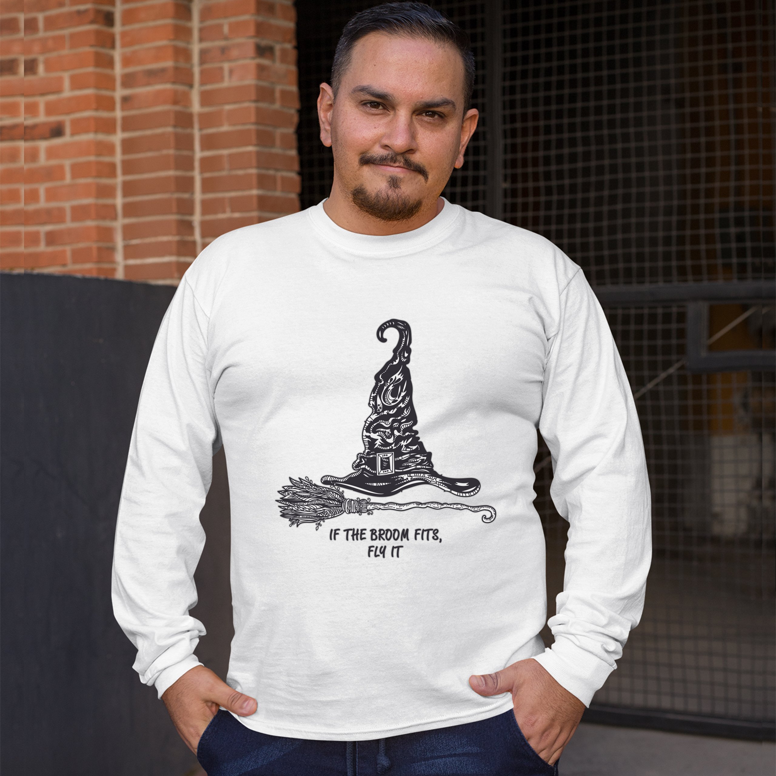 If the Broom Fits, Fly It Long Sleeve T-shirt Funny Witch Hat Halloween - Picture 21 of 45