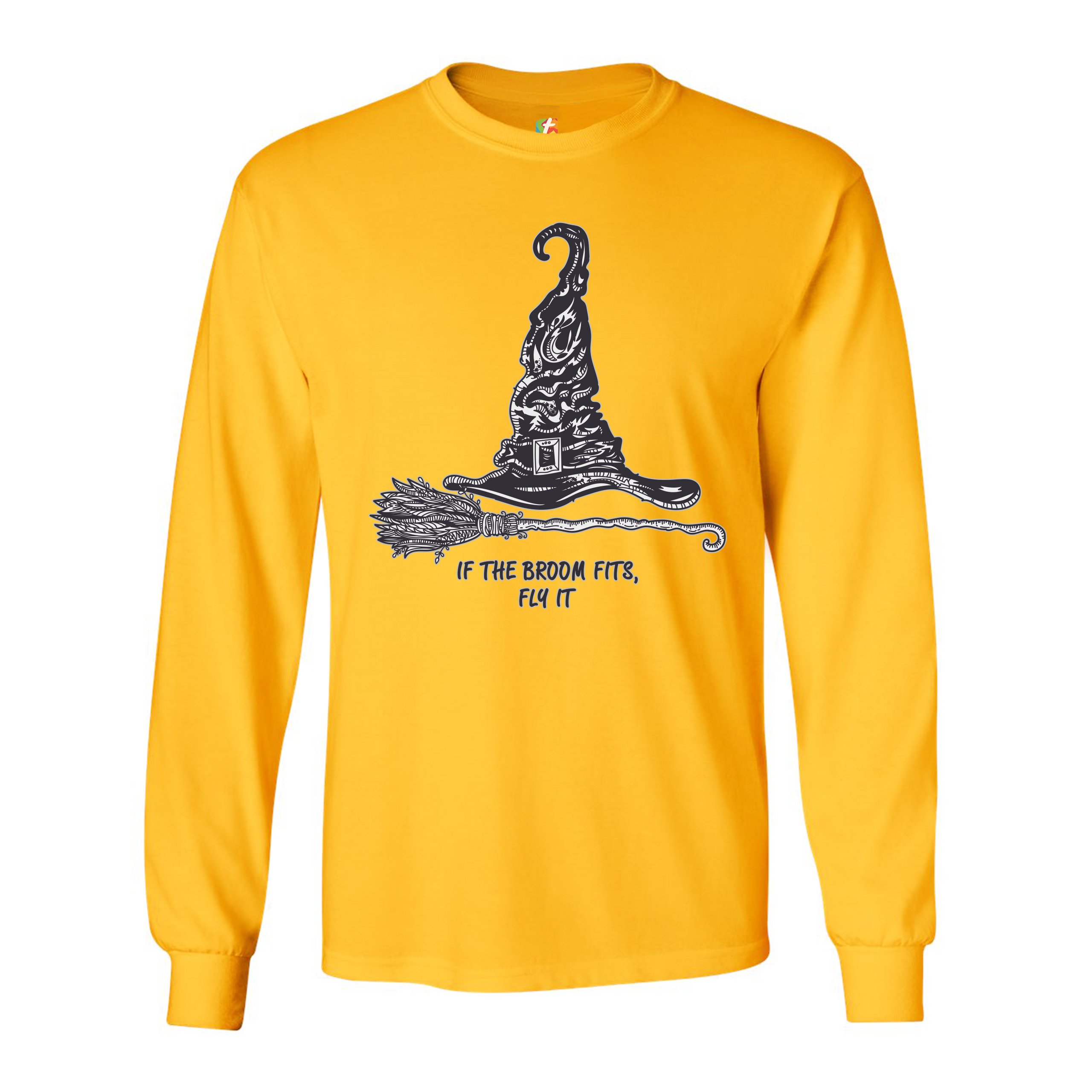 If the Broom Fits, Fly It Long Sleeve T-shirt Funny Witch Hat Halloween - Picture 39 of 45