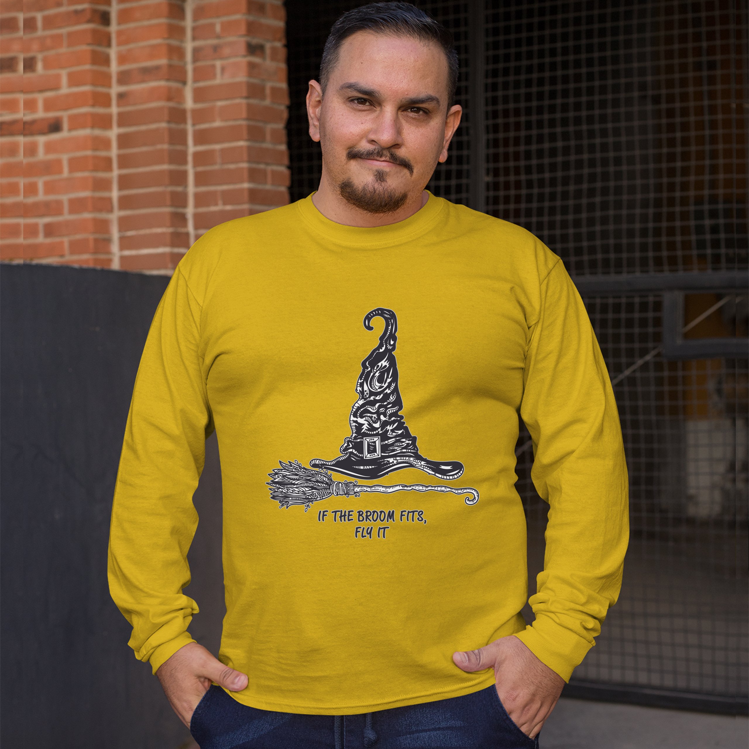 If the Broom Fits, Fly It Long Sleeve T-shirt Funny Witch Hat Halloween - Picture 41 of 45