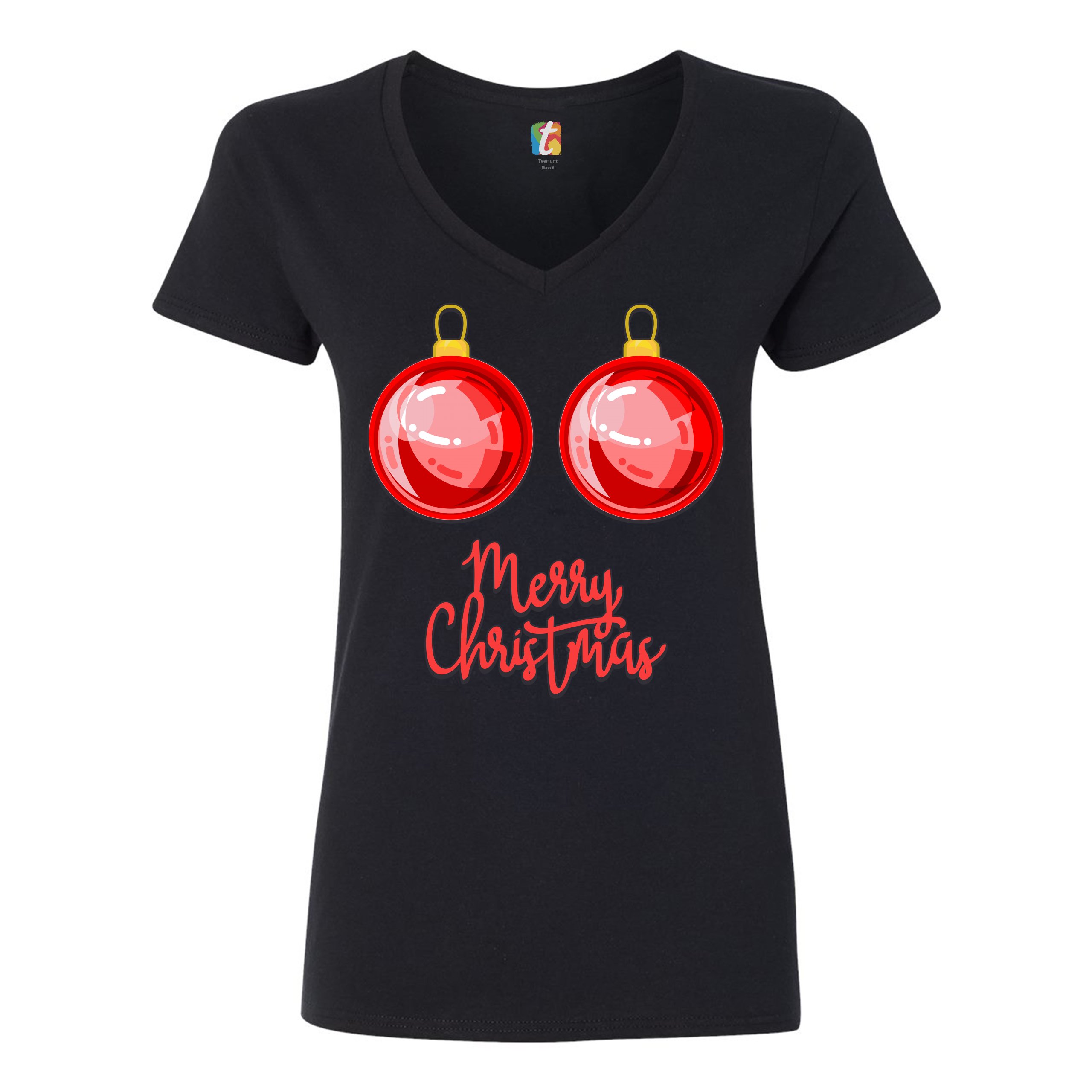 Merry Christmas Boobs Women's V-Neck T-shirt Naughty or Nice Funny Tits Tee - Picture 7 of 41