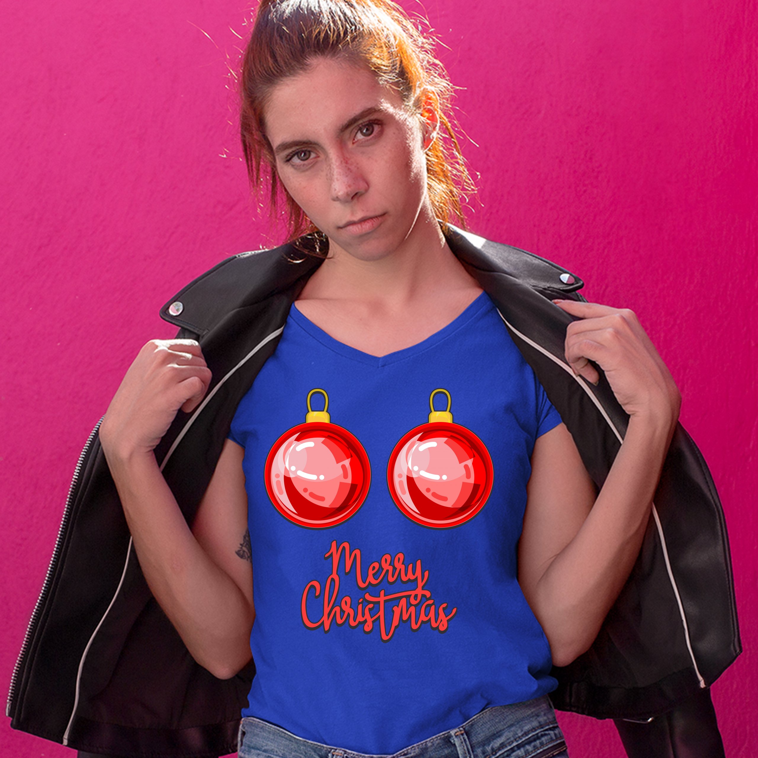 Merry Christmas Boobs Women's V-Neck T-shirt Naughty or Nice Funny Tits Tee - Picture 33 of 41