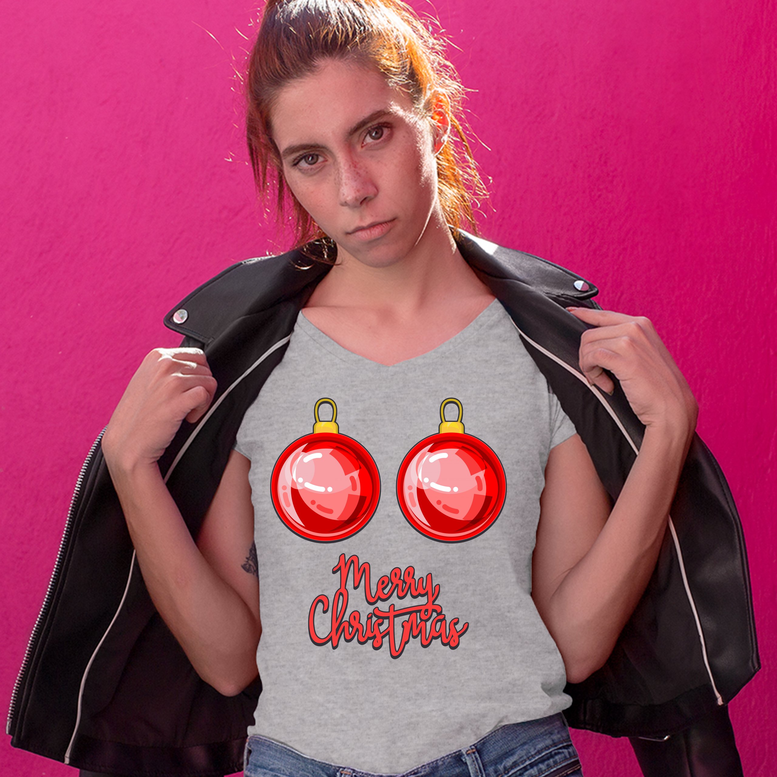 Merry Christmas Boobs Women's V-Neck T-shirt Naughty or Nice Funny Tits Tee - Picture 13 of 41