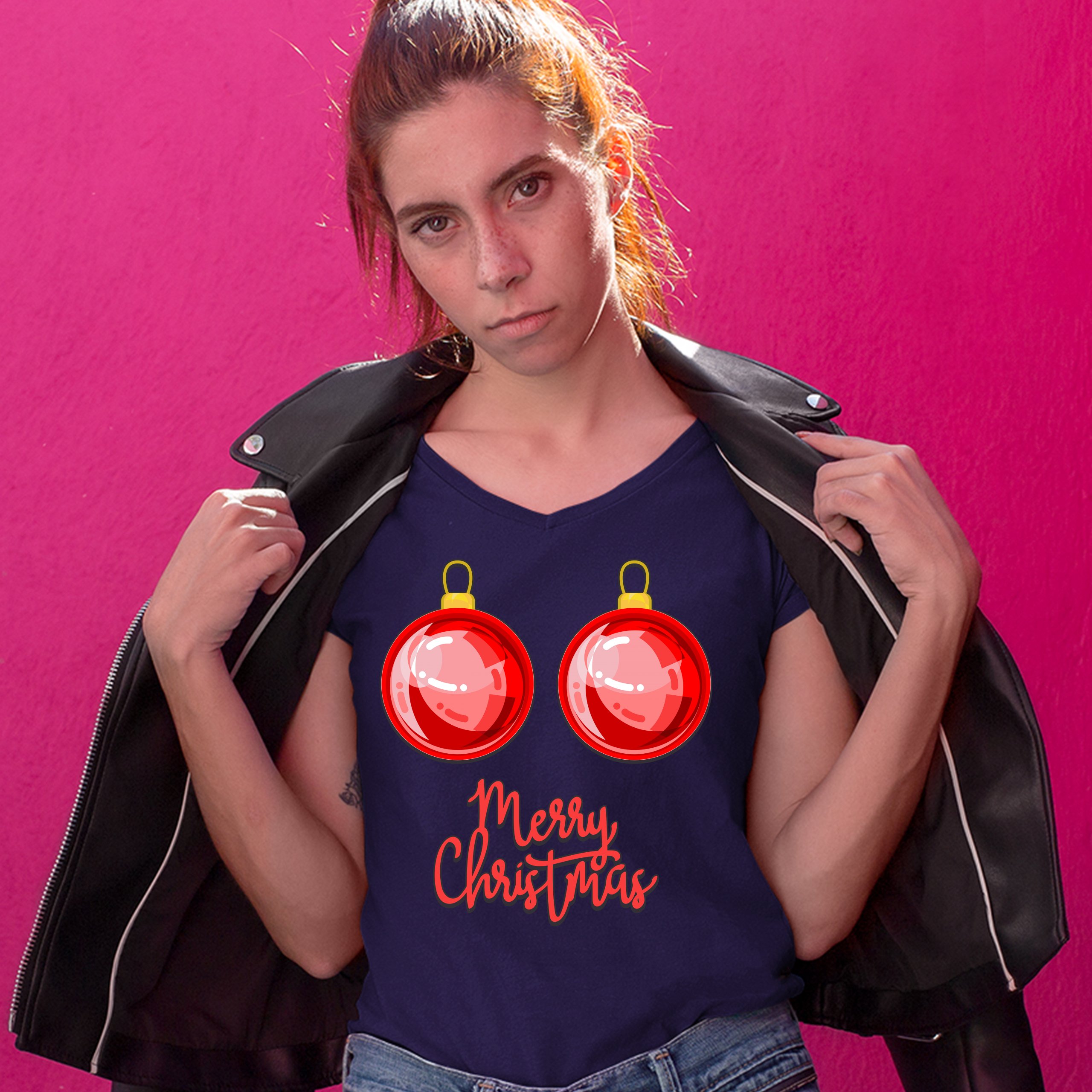 Merry Christmas Boobs Women's V-Neck T-shirt Naughty or Nice Funny Tits Tee - Picture 29 of 41
