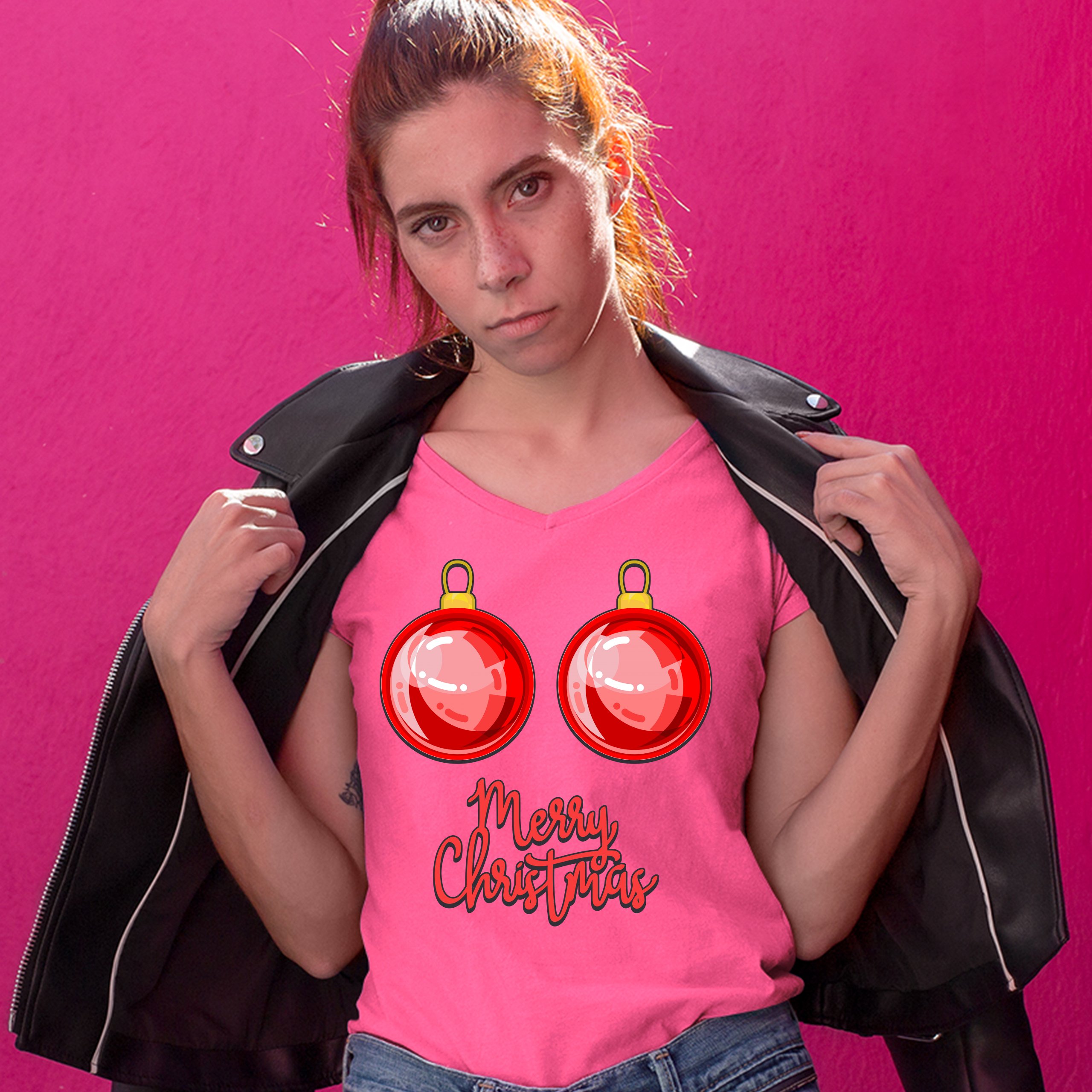 Merry Christmas Boobs Women's V-Neck T-shirt Naughty or Nice Funny Tits Tee - Picture 37 of 41