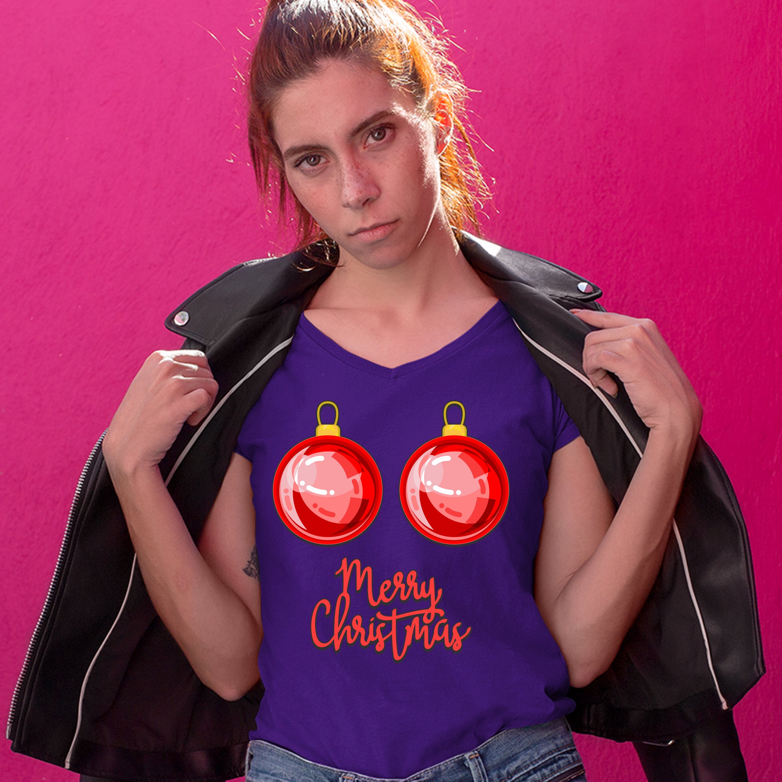 Merry Christmas Boobs Women's V-Neck T-shirt Naughty or Nice Funny Tits Tee - Picture 17 of 41