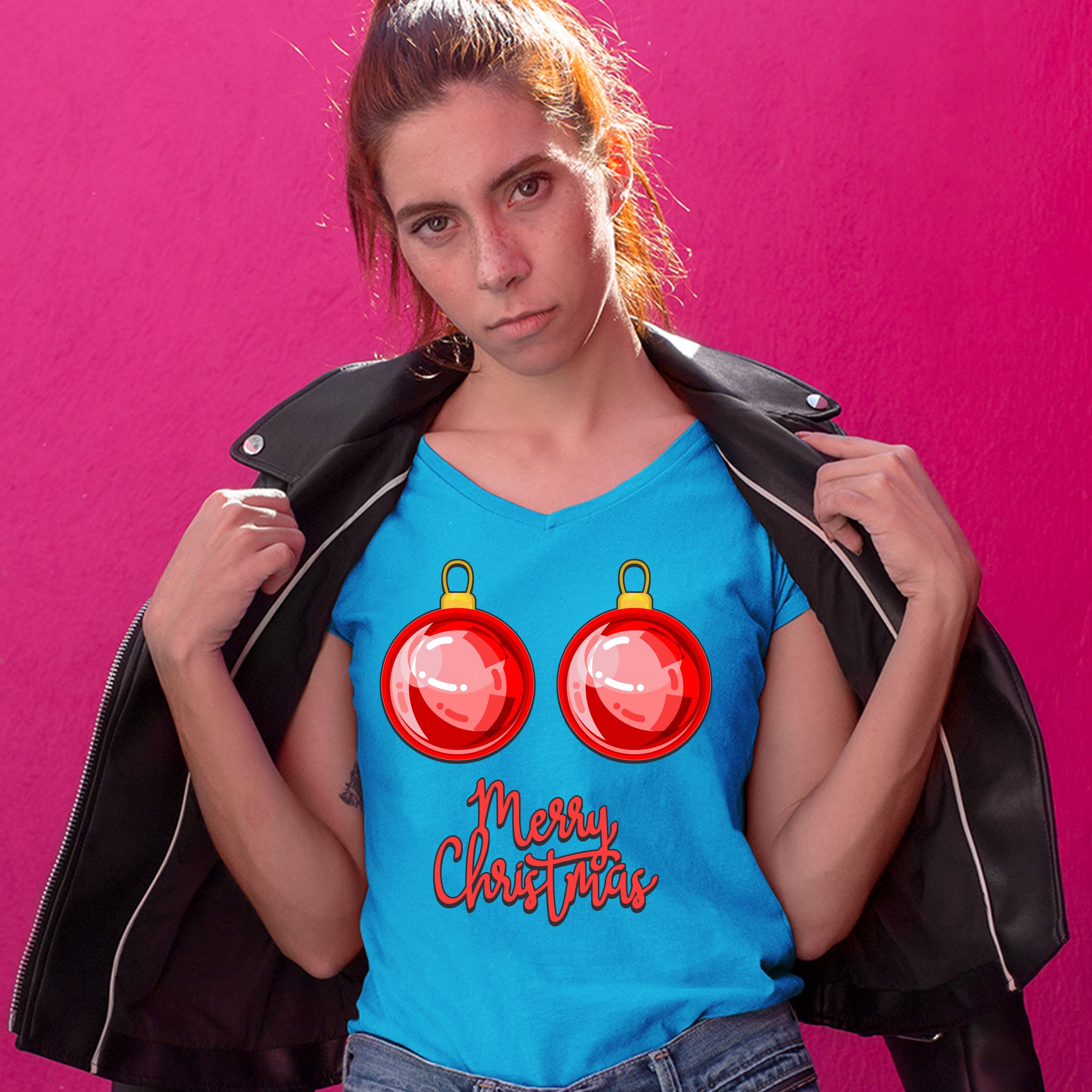 Merry Christmas Boobs Women's V-Neck T-shirt Naughty or Nice Funny Tits Tee - Picture 41 of 41
