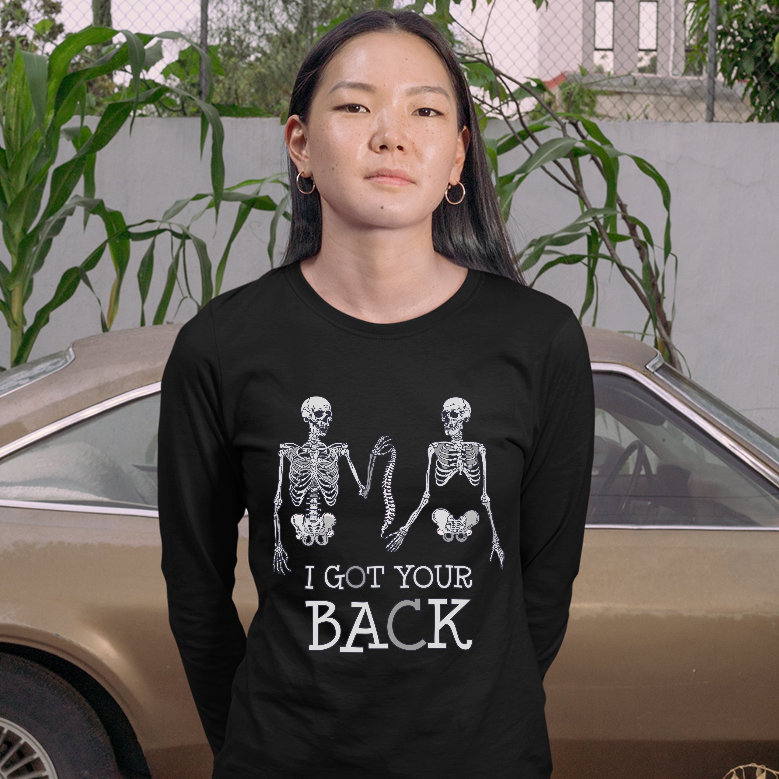 I Got Your Back Women's Long Sleeve T-shirt Happy Halloween Spooky Skeletons - Picture 5 of 29