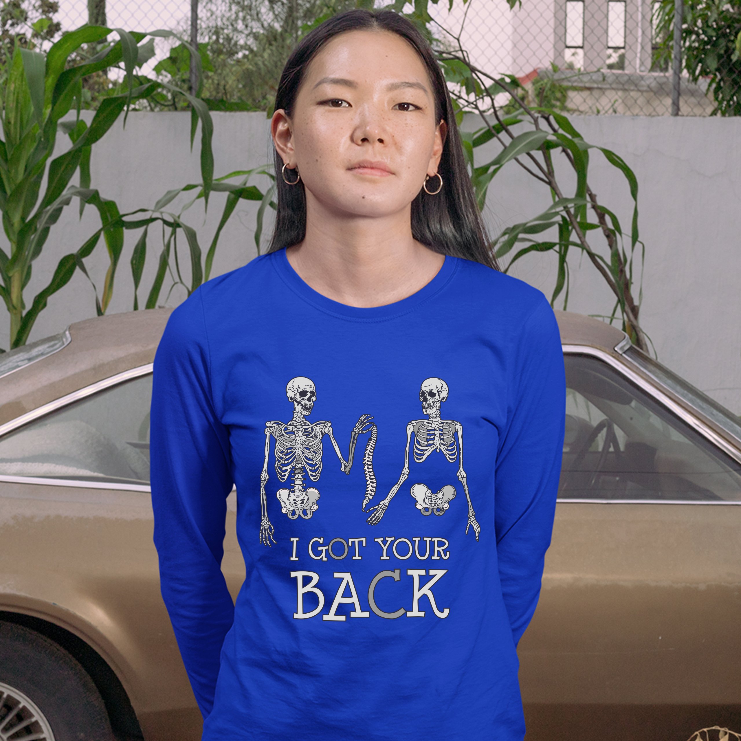 I Got Your Back Women's Long Sleeve T-shirt Happy Halloween Spooky Skeletons - Picture 25 of 29