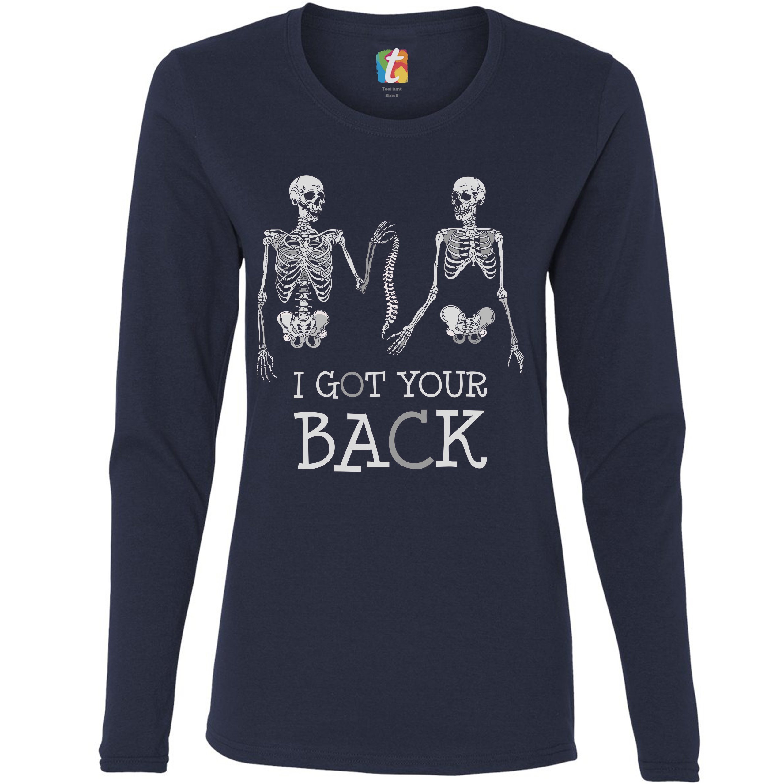 I Got Your Back Women's Long Sleeve T-shirt Happy Halloween Spooky Skeletons - Picture 19 of 29