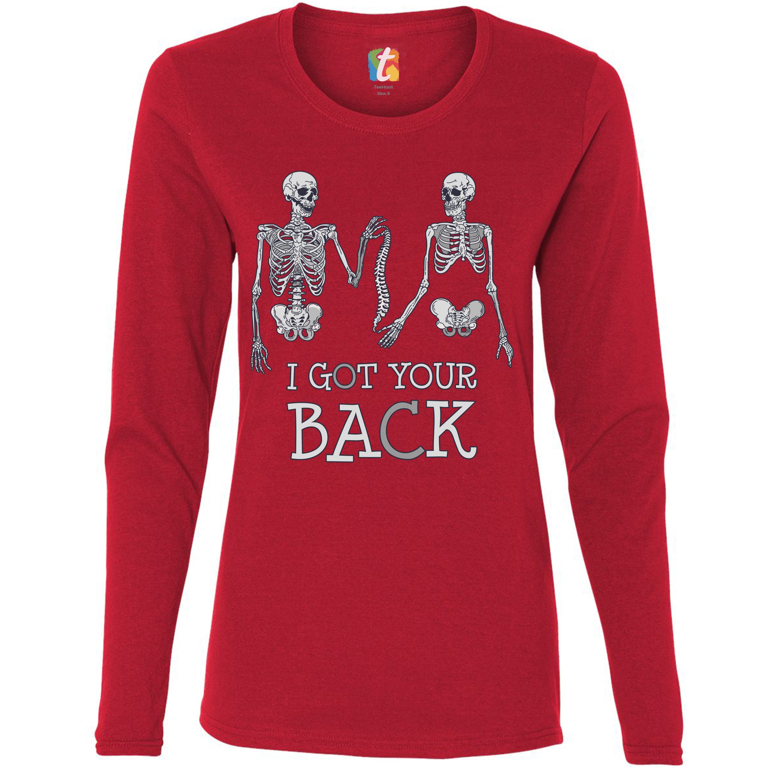I Got Your Back Women's Long Sleeve T-shirt Happy Halloween Spooky Skeletons - Picture 11 of 29