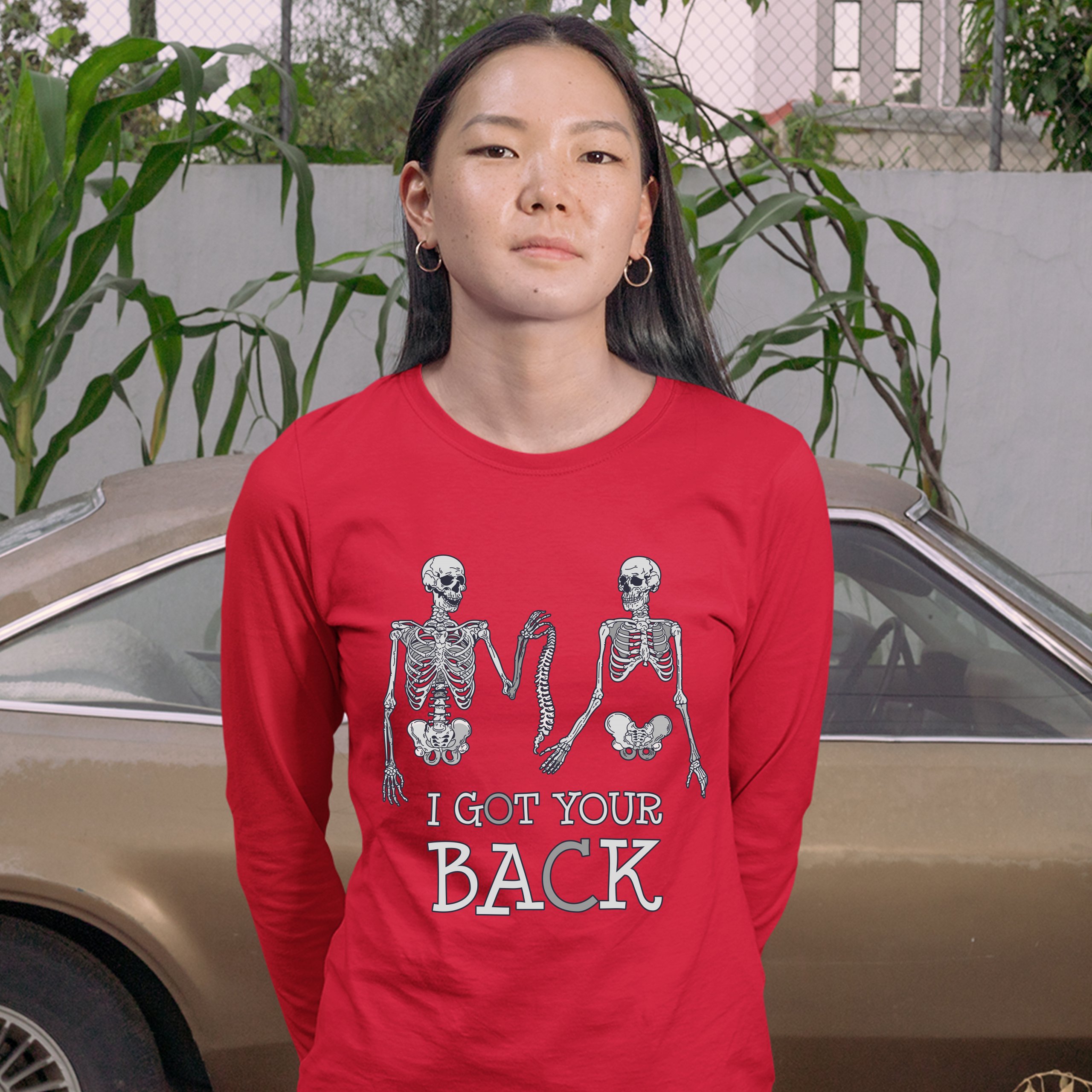 I Got Your Back Women's Long Sleeve T-shirt Happy Halloween Spooky Skeletons - Picture 13 of 29