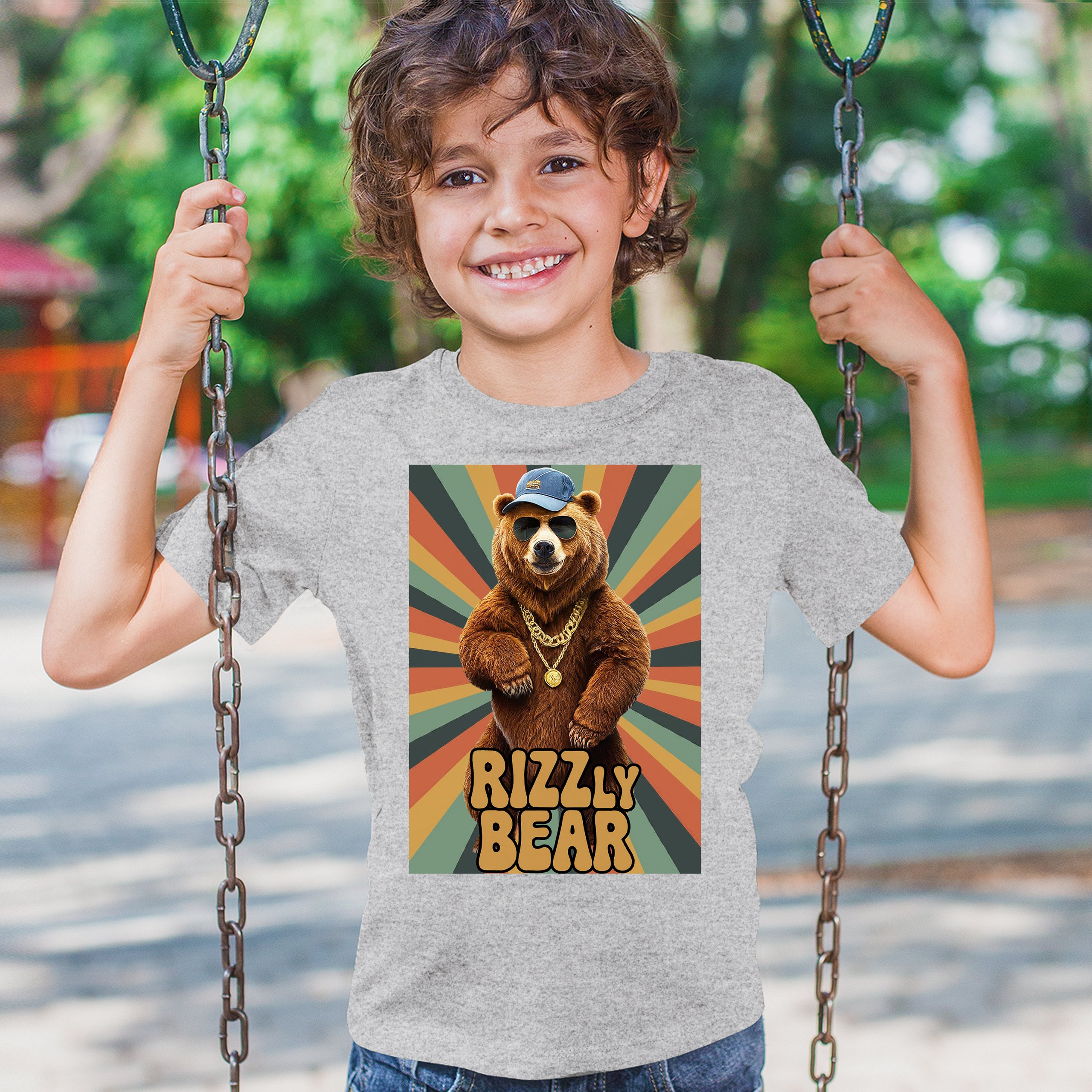 Rizzly Bear Funny Youth T-shirt Charisma Pun Charming Meme Grizzly Dating Kids - Picture 12 of 50