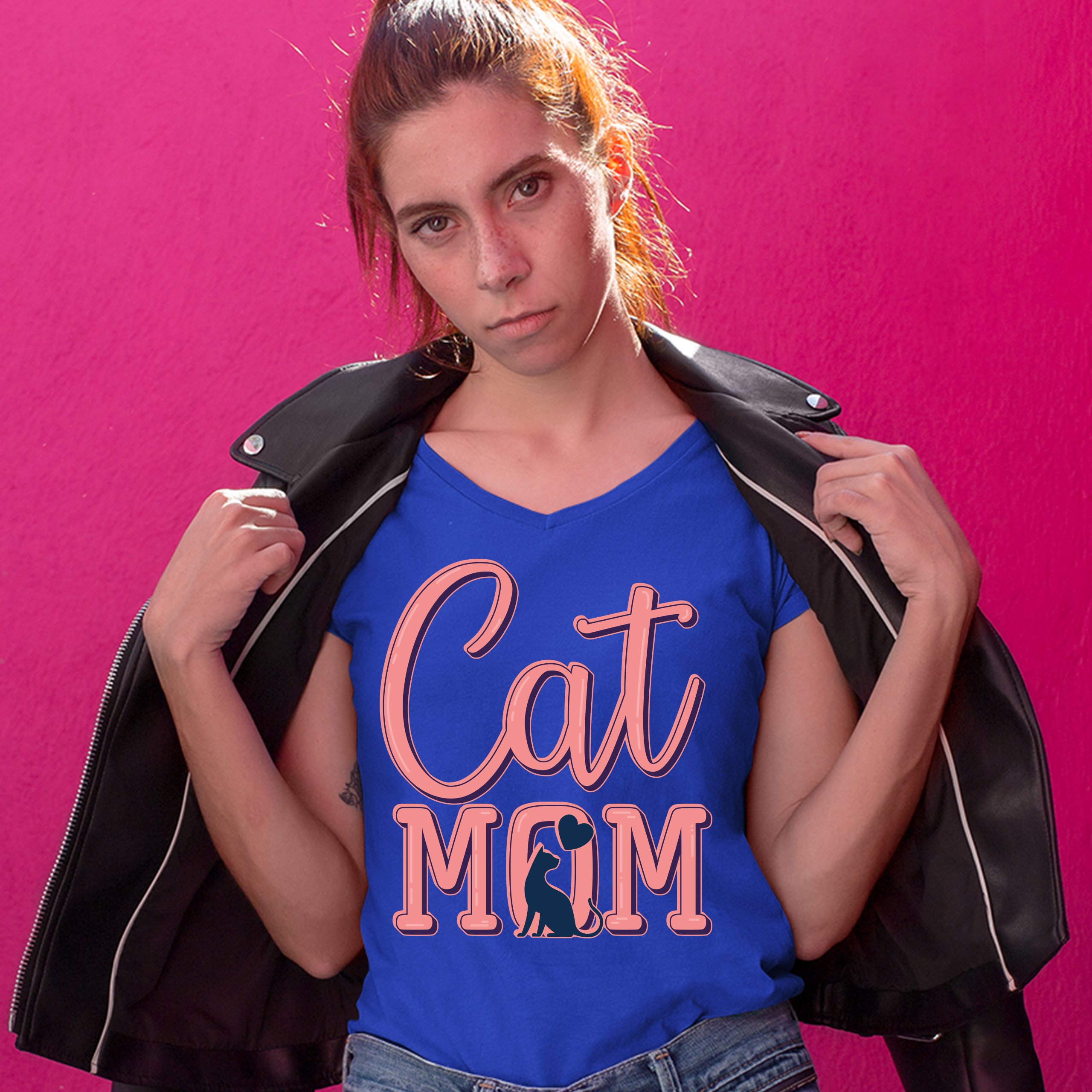 Cat Mom Women's V-Neck T-shirt Mother's Day I Love My Cat Mommy Pet Lover Tee