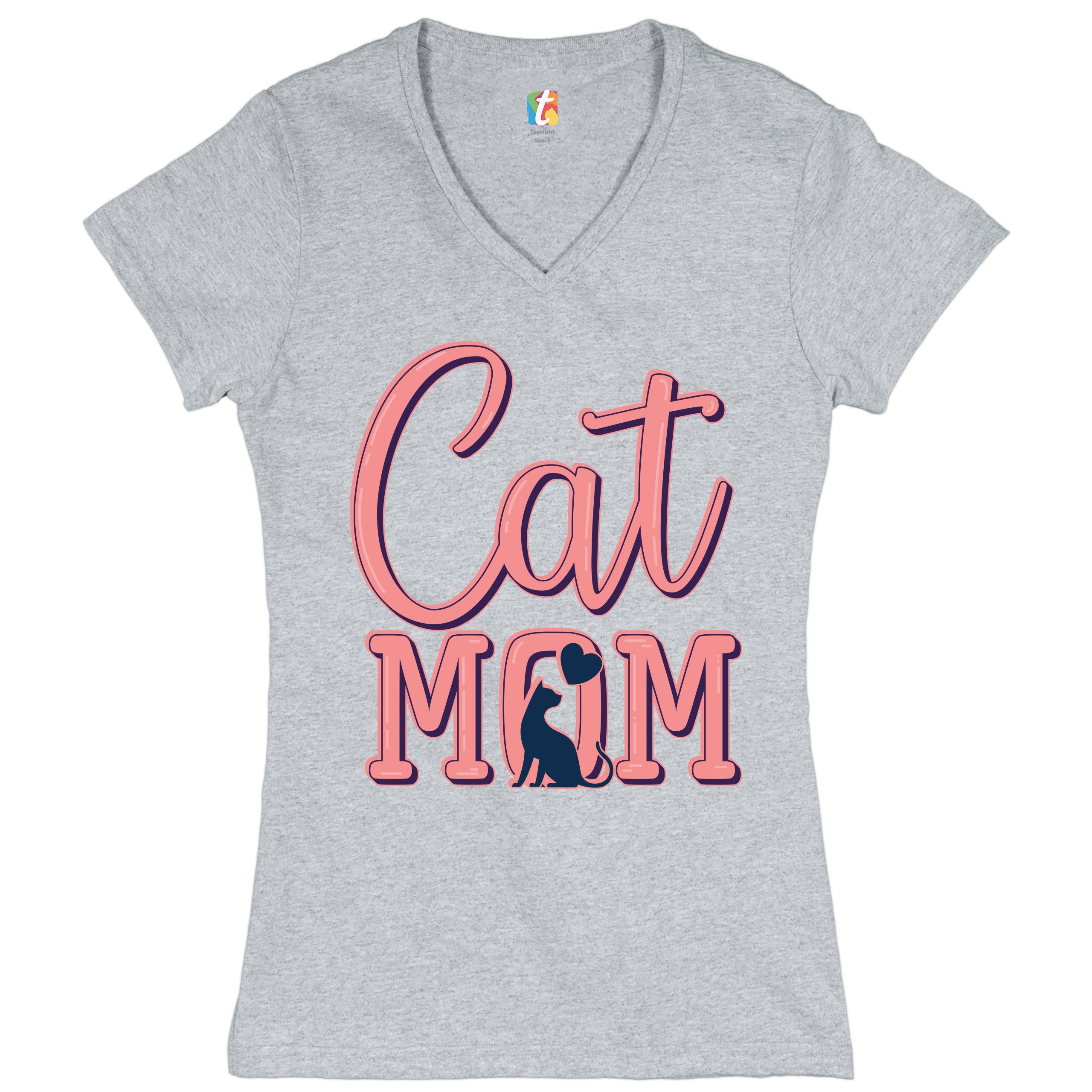 Cat Mom Women's V-Neck T-shirt Mother's Day I Love My Cat Mommy Pet Lover Tee