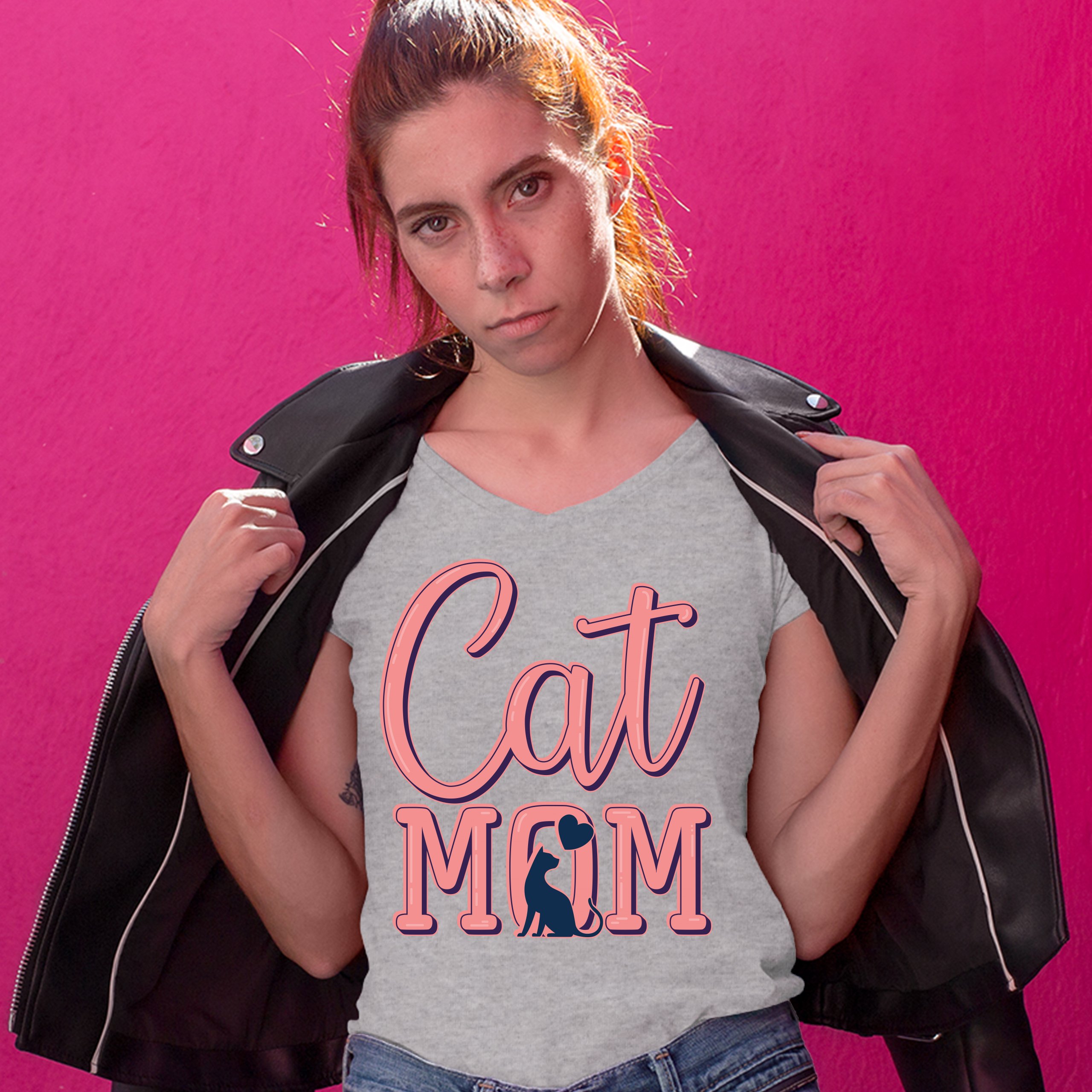 Cat Mom Women's V-Neck T-shirt Mother's Day I Love My Cat Mommy Pet Lover Tee