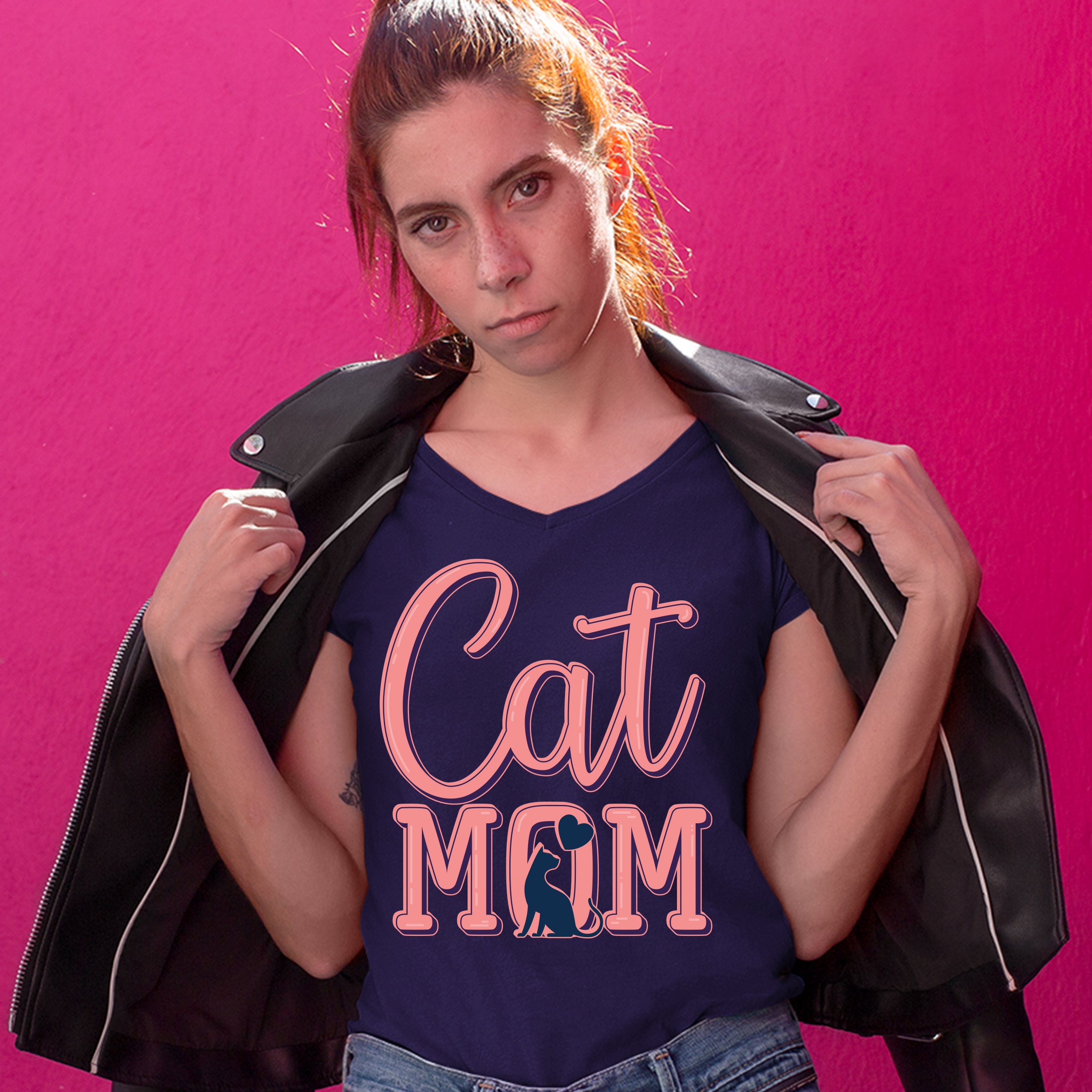 Cat Mom Women's V-Neck T-shirt Mother's Day I Love My Cat Mommy Pet Lover Tee