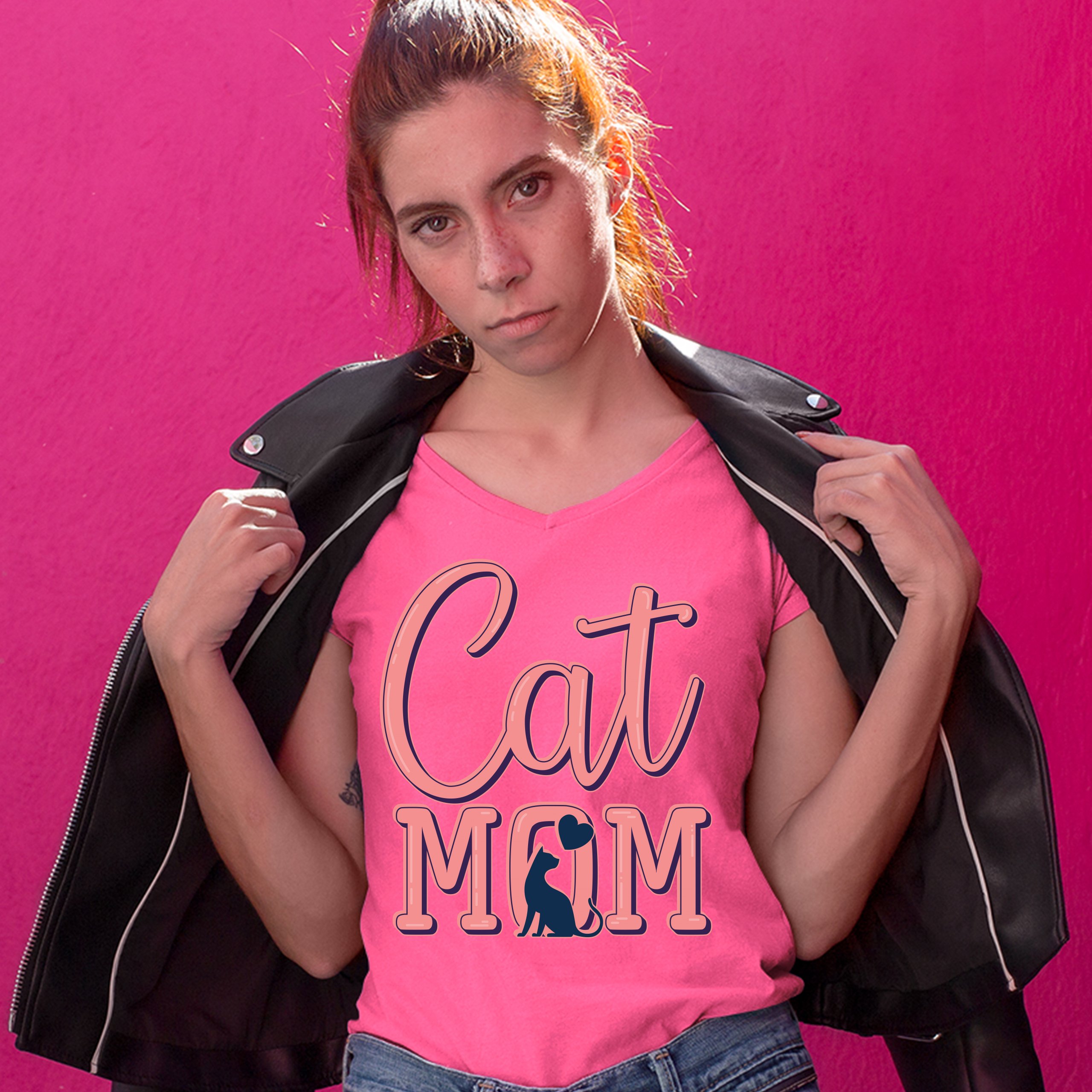 Cat Mom Women's V-Neck T-shirt Mother's Day I Love My Cat Mommy Pet Lover Tee