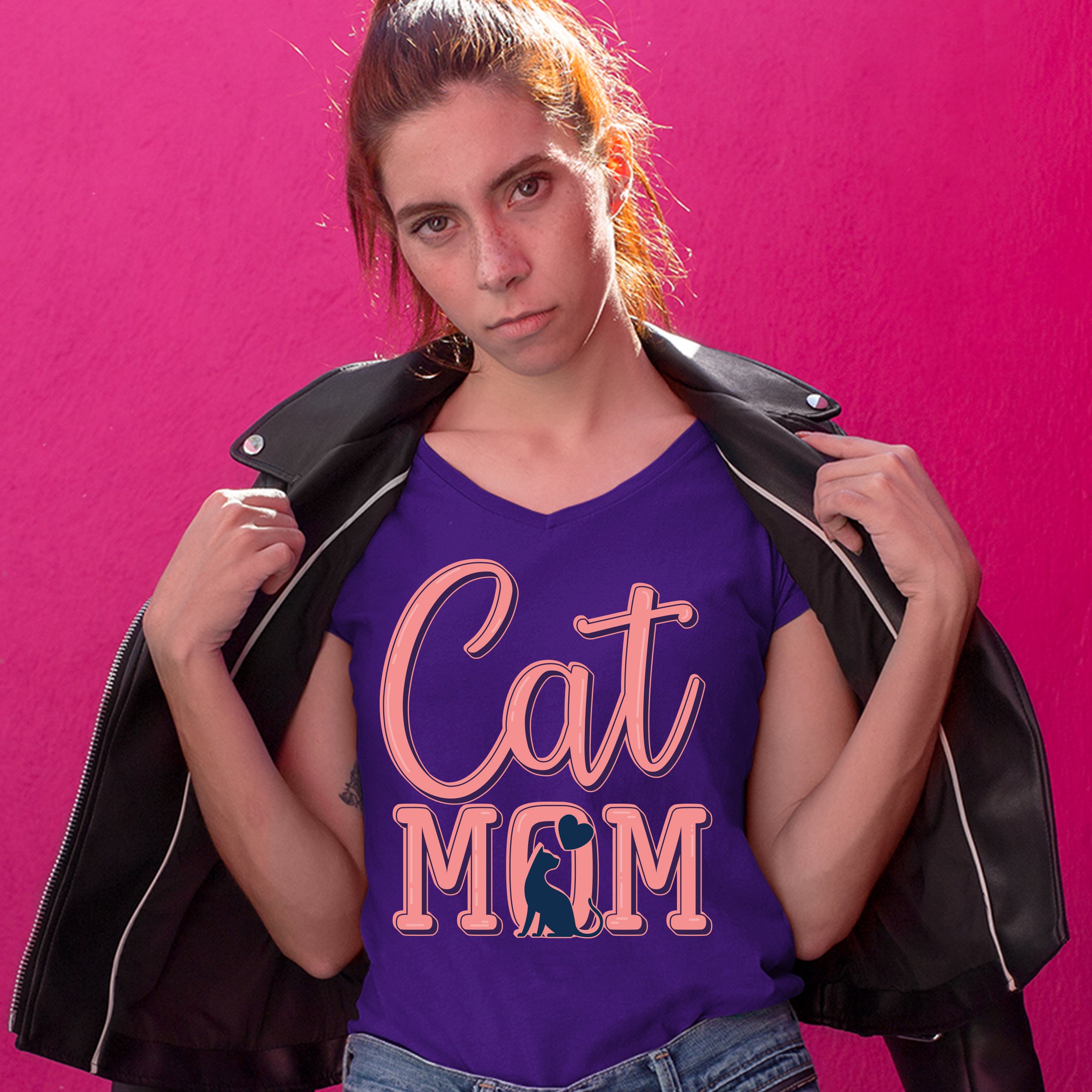 Cat Mom Women's V-Neck T-shirt Mother's Day I Love My Cat Mommy Pet Lover Tee