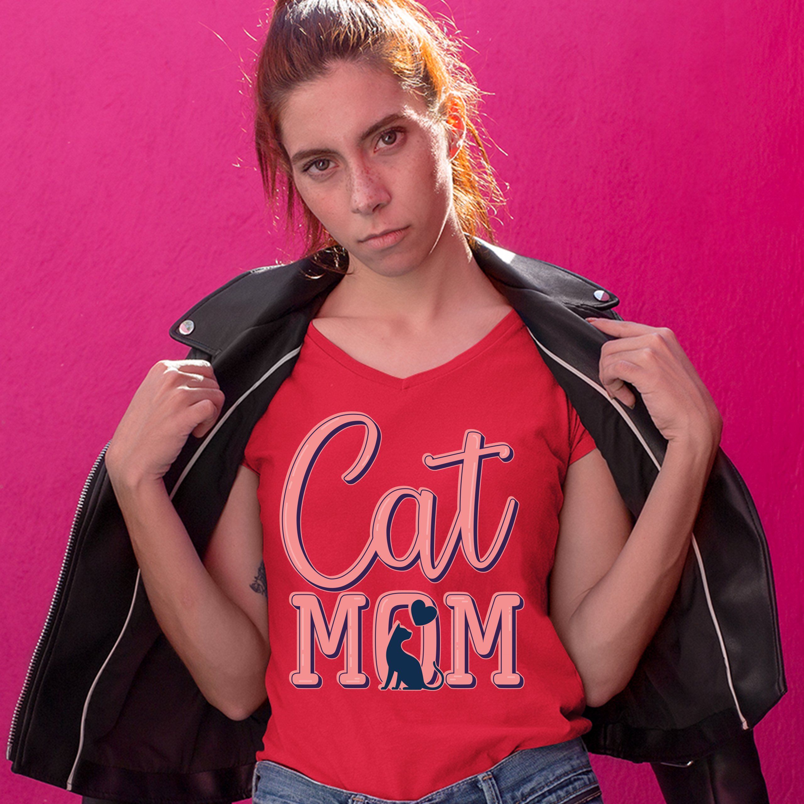 Cat Mom Women's V-Neck T-shirt Mother's Day I Love My Cat Mommy Pet Lover Tee