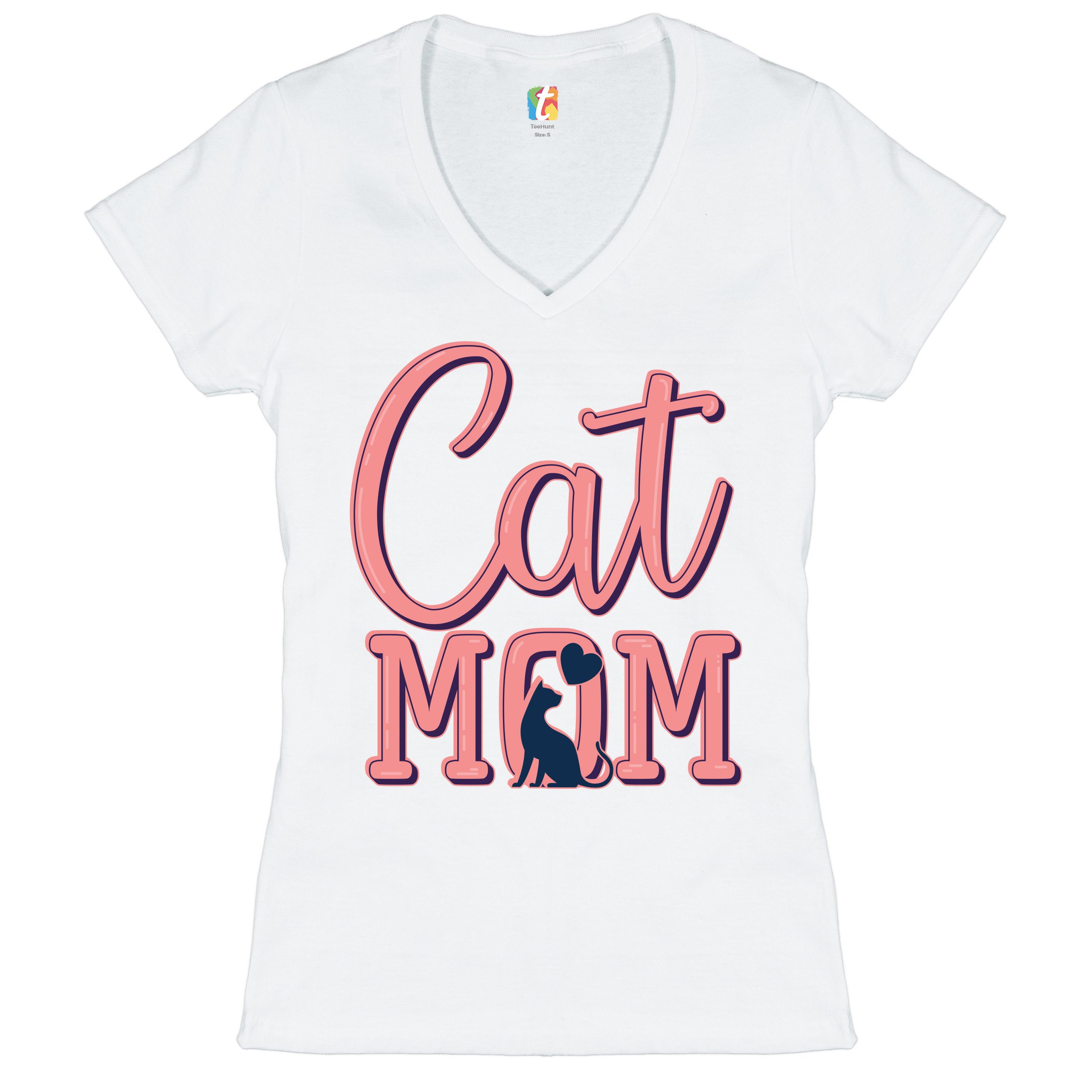 Cat Mom Women's V-Neck T-shirt Mother's Day I Love My Cat Mommy Pet Lover Tee