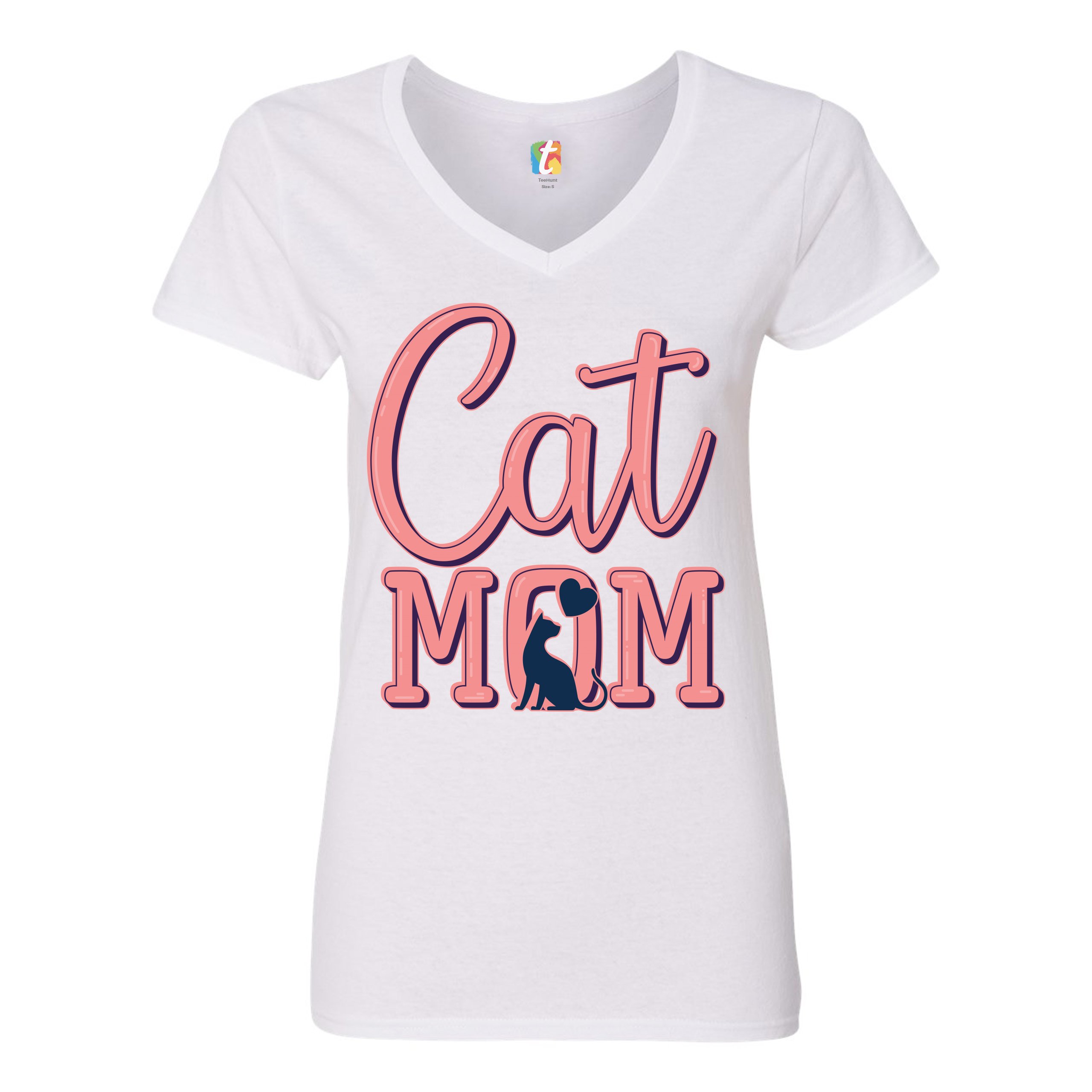 Cat Mom Women's V-Neck T-shirt Mother's Day I Love My Cat Mommy Pet Lover Tee