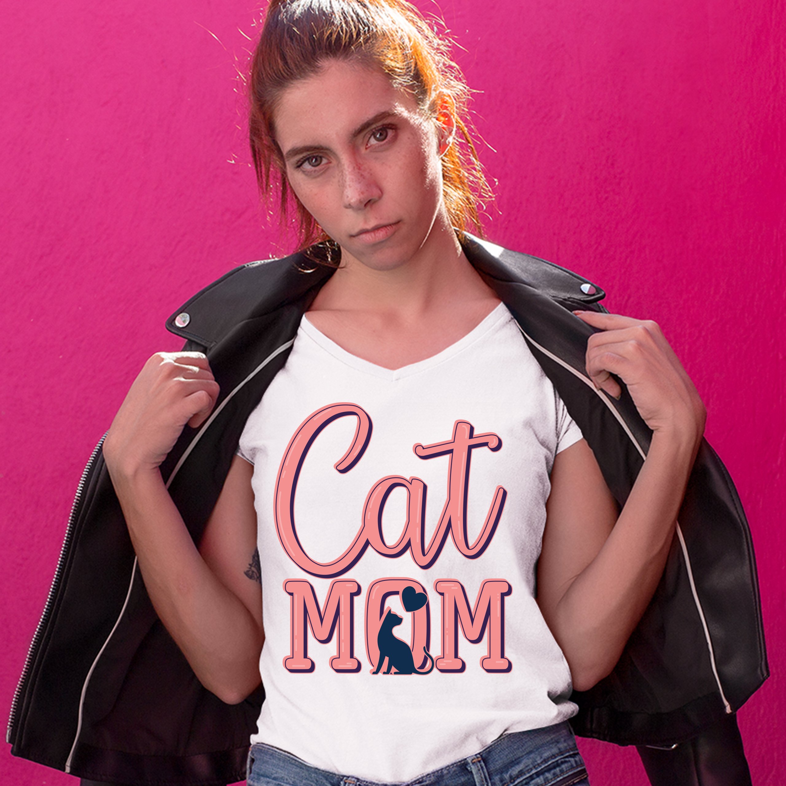 Cat Mom Women's V-Neck T-shirt Mother's Day I Love My Cat Mommy Pet Lover Tee