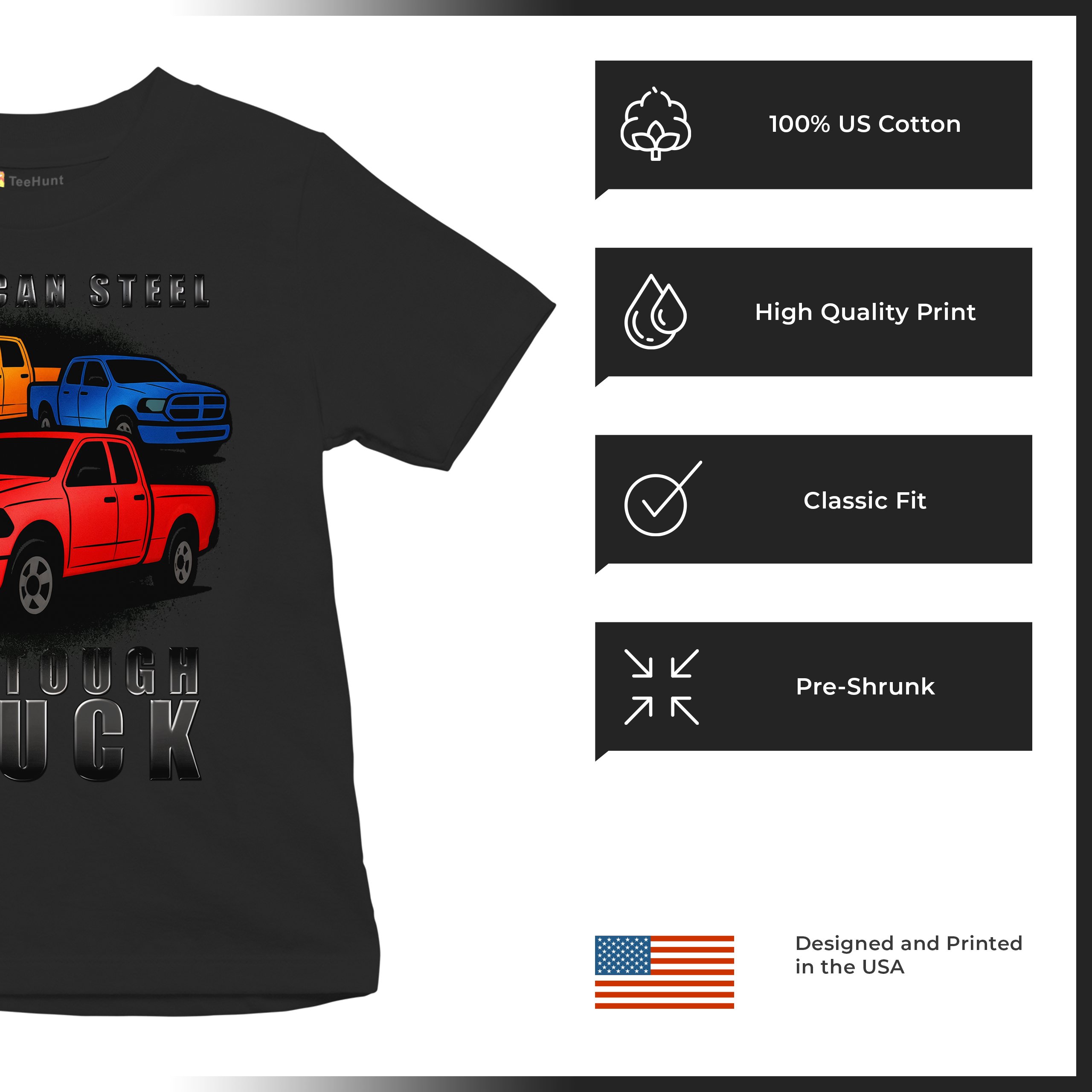 American Steel Tough Truck Youth T-shirt Offroad Pickup 4x4 USA Rugged Kids - Picture 7 of 50