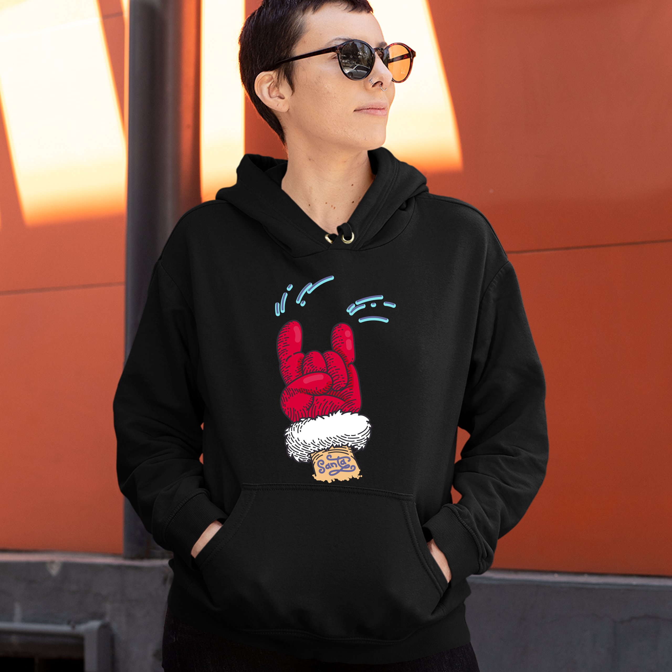 Santa Claus Rock Horns Sweatshirt Merry Christmas Xmas Holiday Spirit Hoodie - Picture 6 of 41