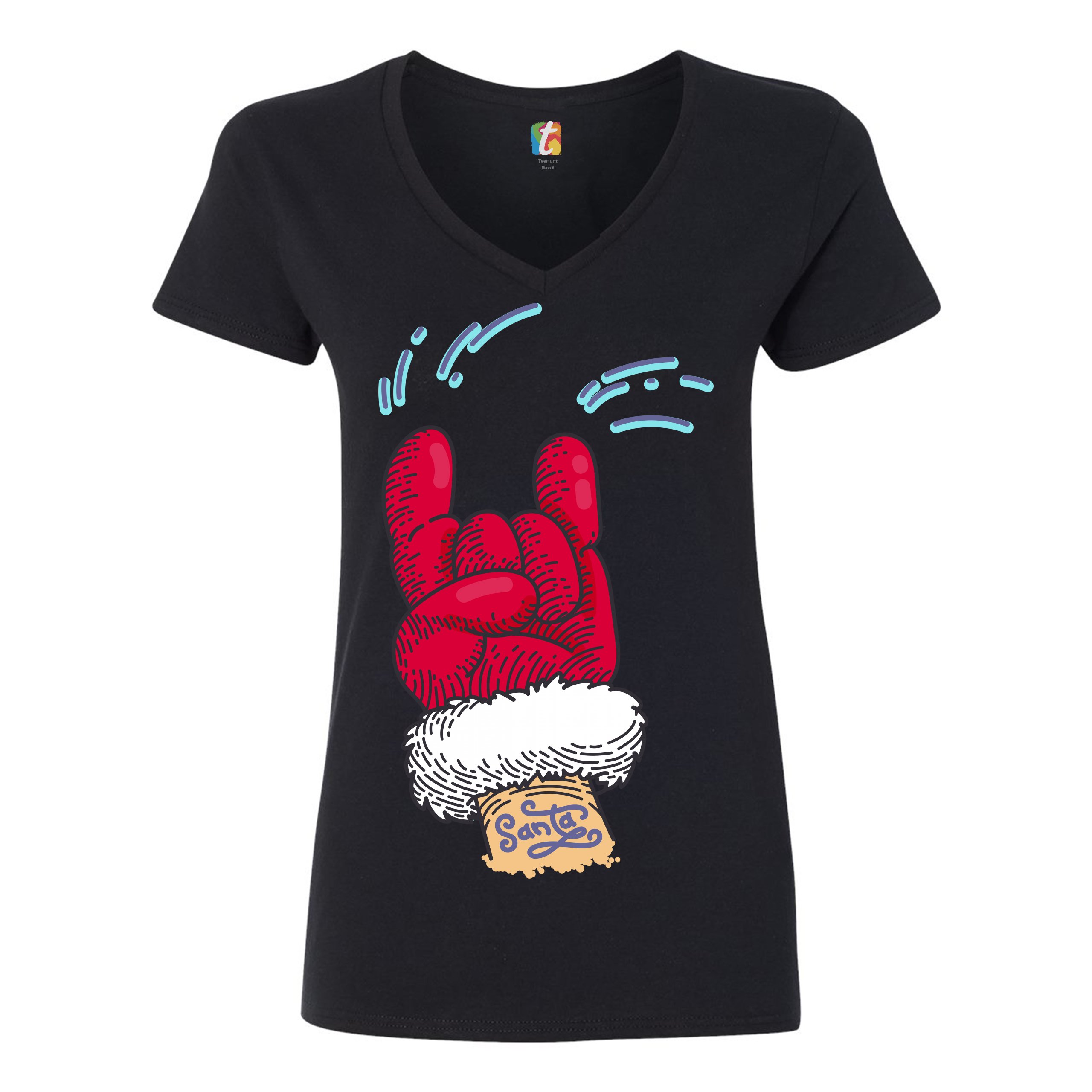 Santa Claus Rock Horns Women's V-Neck T-shirt Merry Christmas Xmas Holiday Tee - Picture 7 of 41