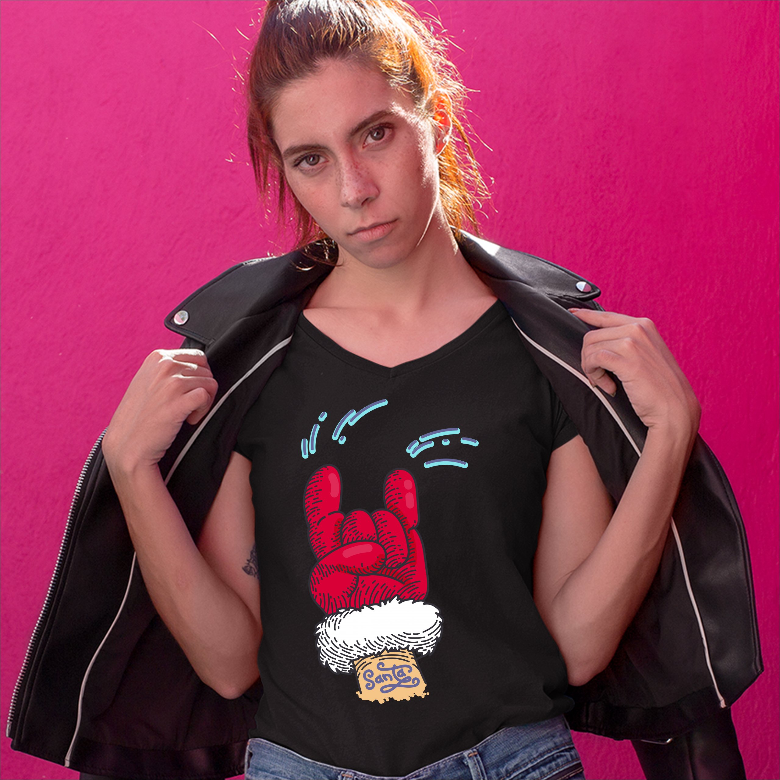 Santa Claus Rock Horns Women's V-Neck T-shirt Merry Christmas Xmas Holiday Tee - Picture 9 of 41