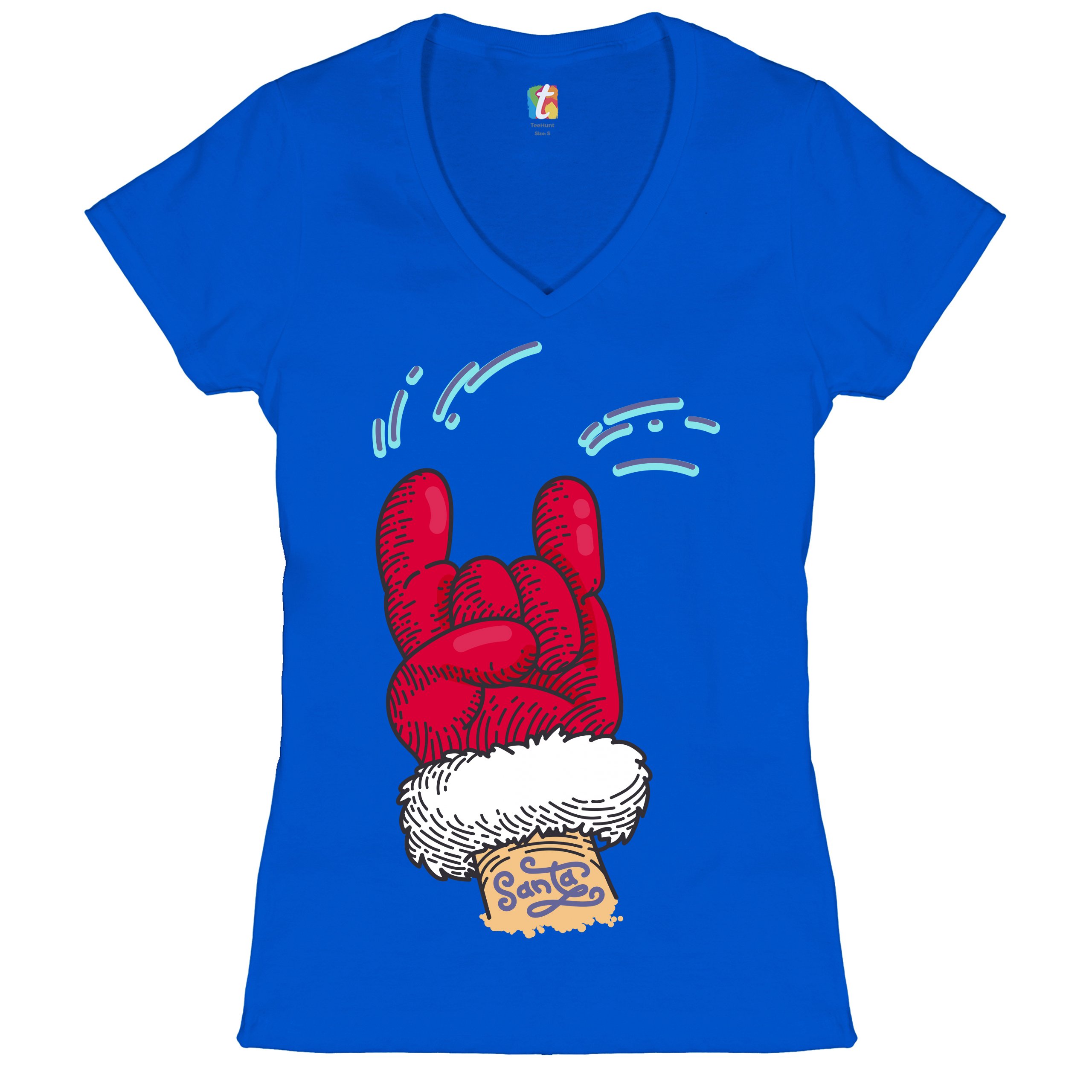 Santa Claus Rock Horns Women's V-Neck T-shirt Merry Christmas Xmas Holiday Tee - Picture 30 of 41