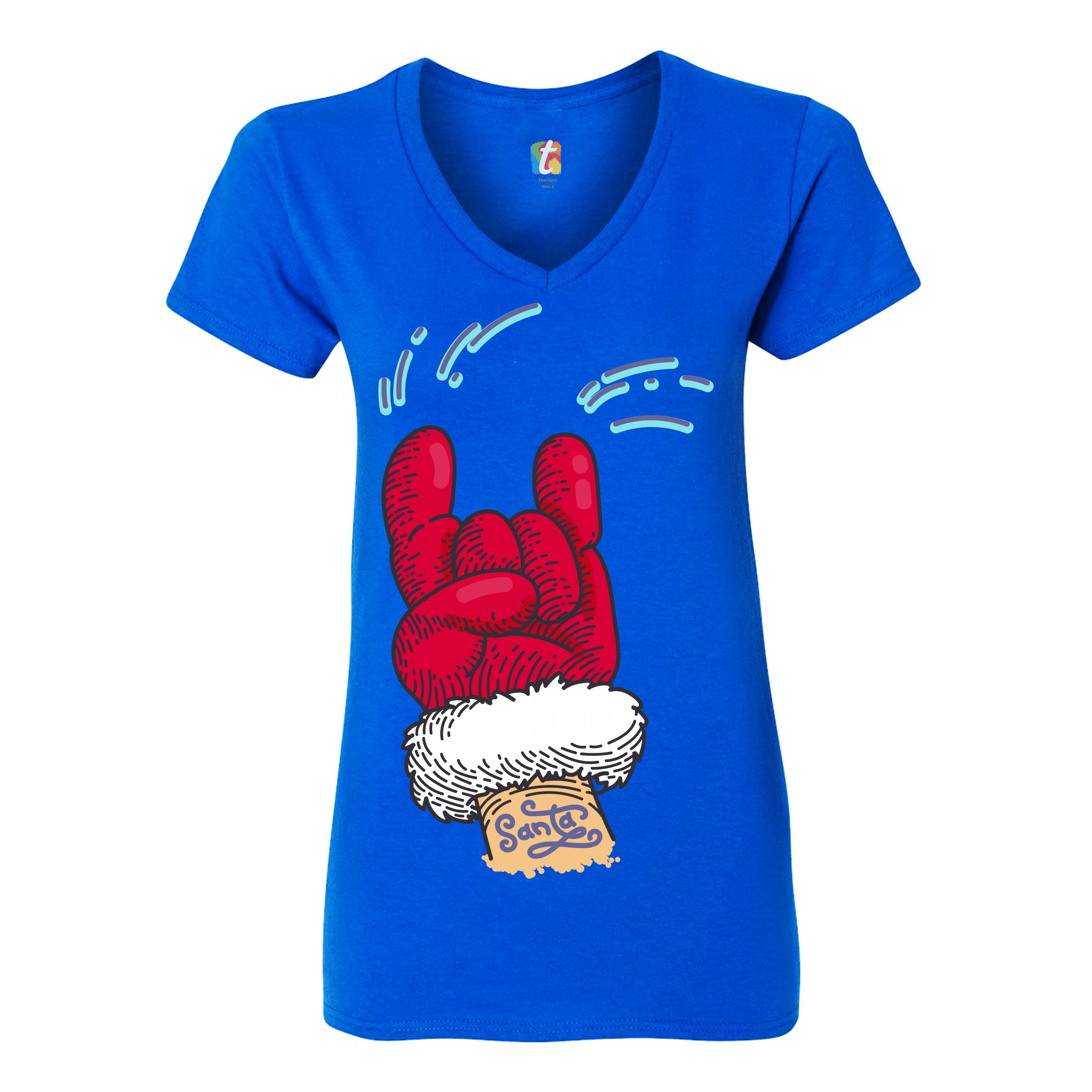 Santa Claus Rock Horns Women's V-Neck T-shirt Merry Christmas Xmas Holiday Tee - Picture 31 of 41