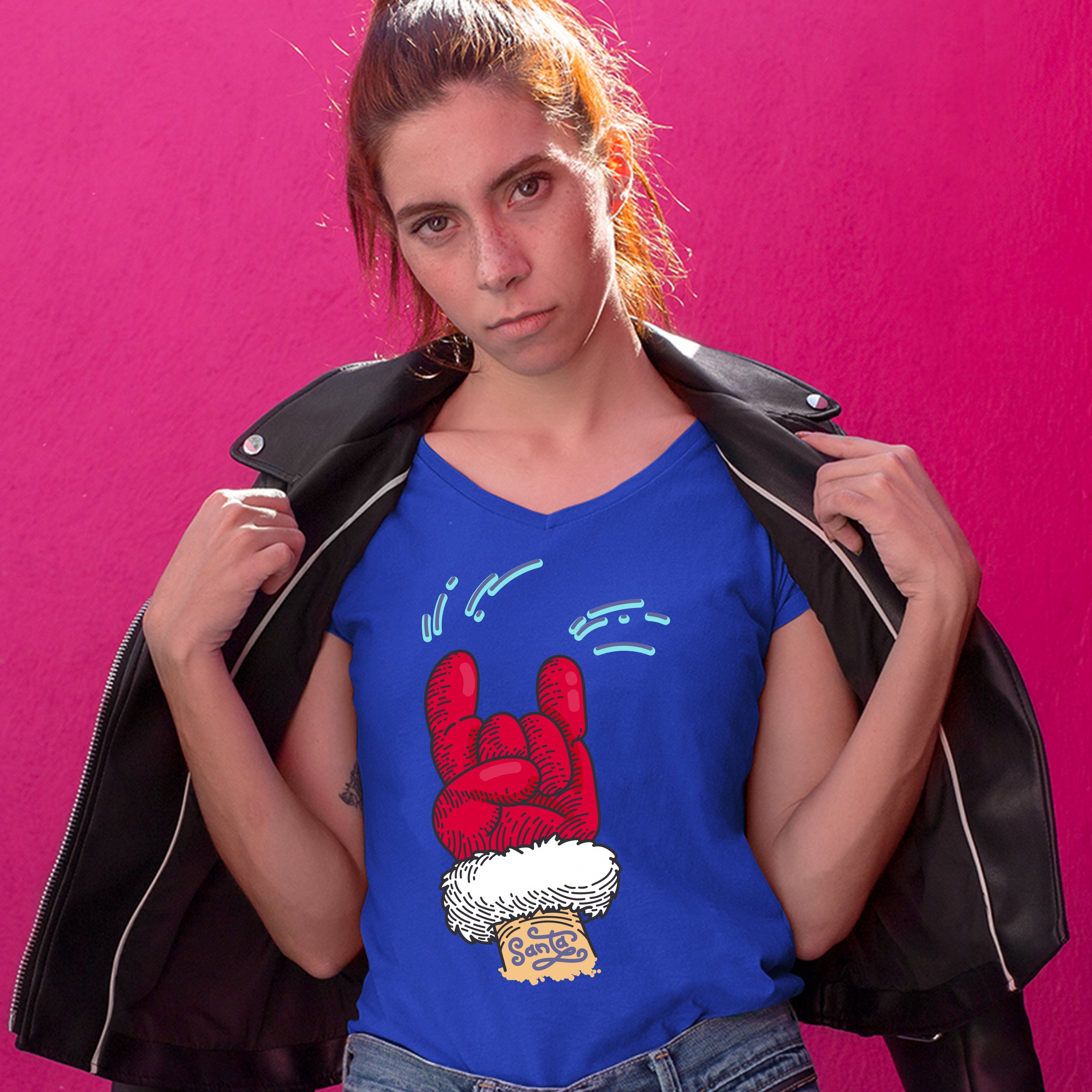 Santa Claus Rock Horns Women's V-Neck T-shirt Merry Christmas Xmas Holiday Tee - Picture 33 of 41