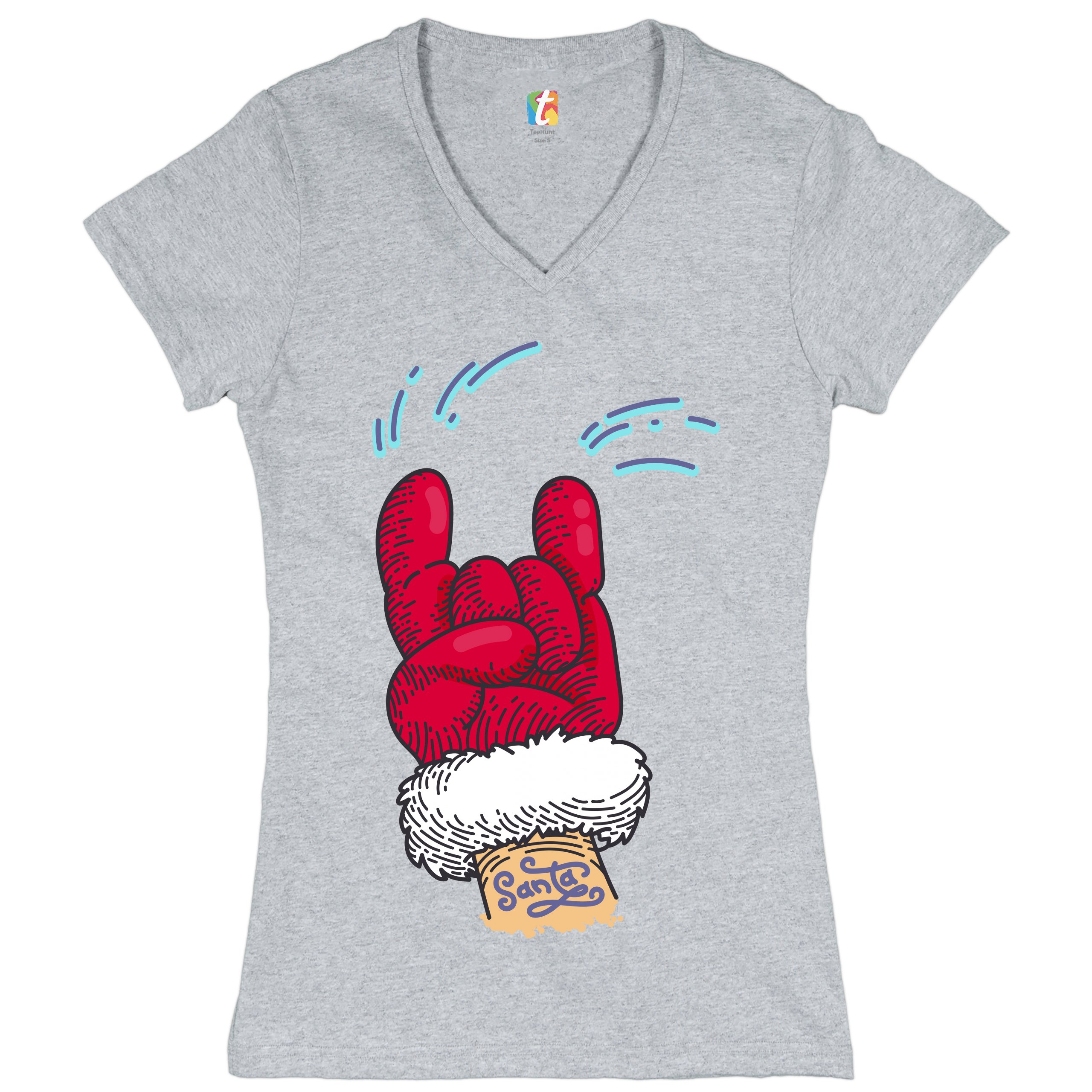 Santa Claus Rock Horns Women's V-Neck T-shirt Merry Christmas Xmas Holiday Tee - Picture 10 of 41