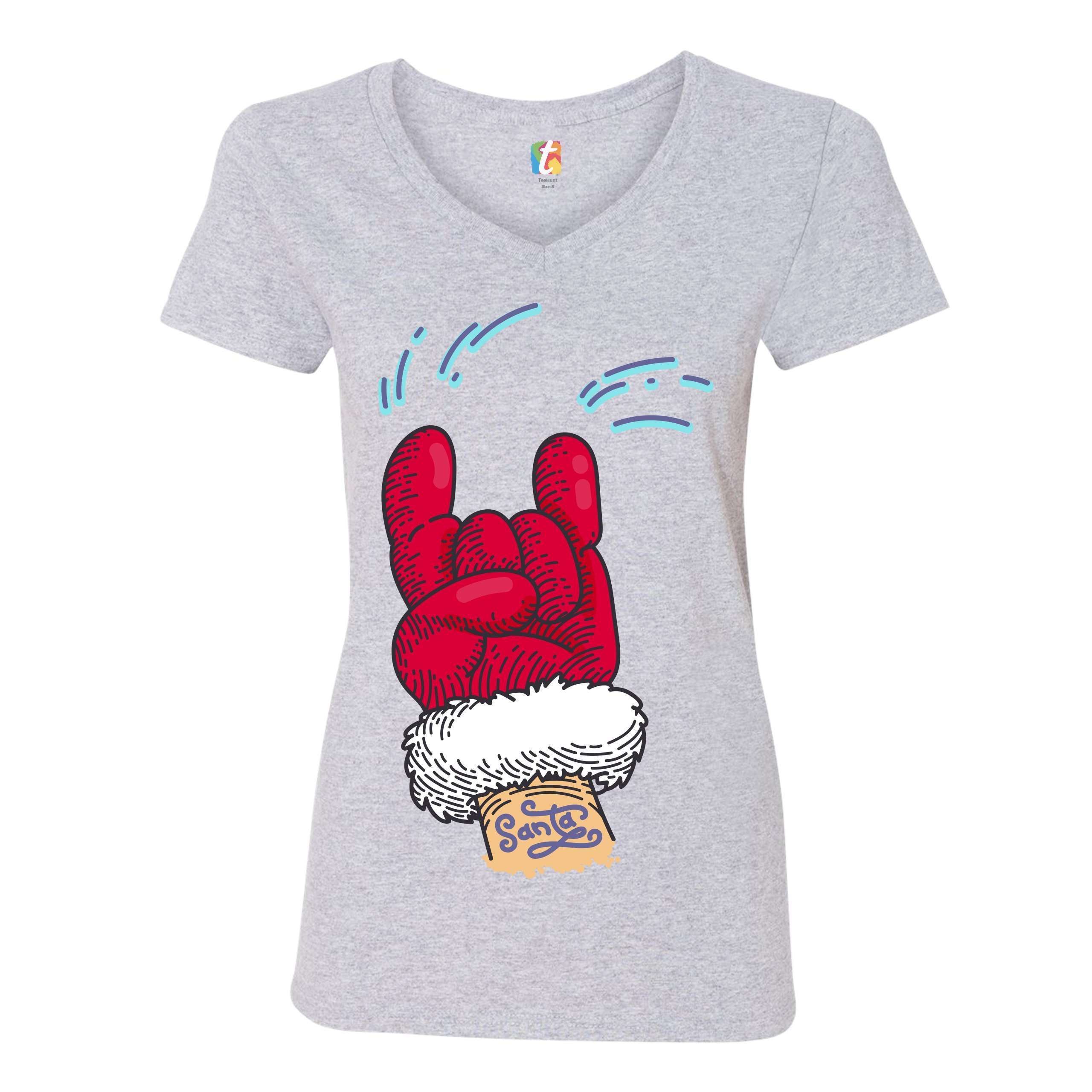 Santa Claus Rock Horns Women's V-Neck T-shirt Merry Christmas Xmas Holiday Tee - Picture 11 of 41