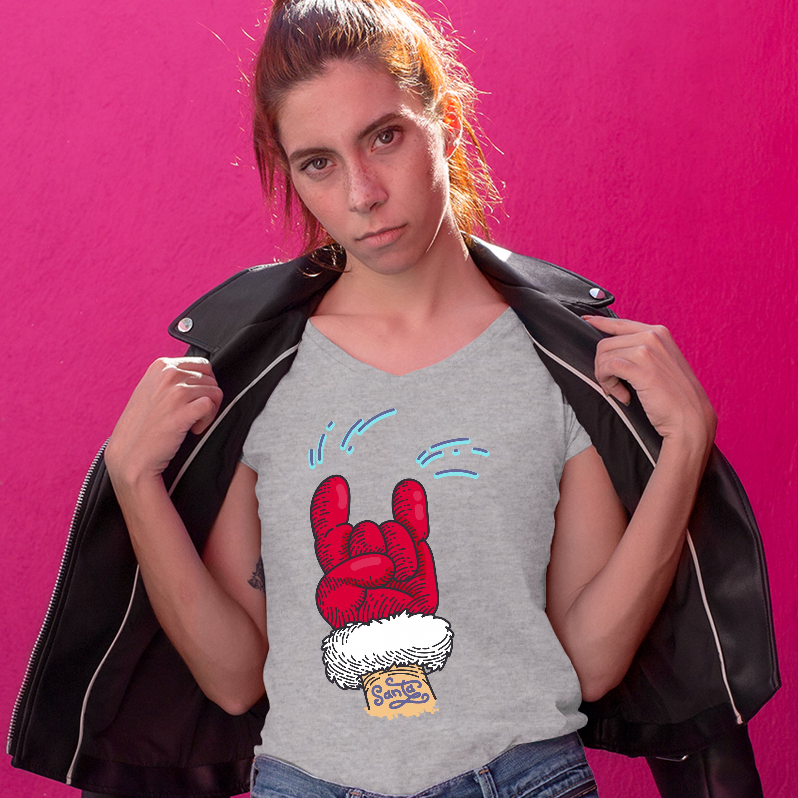 Santa Claus Rock Horns Women's V-Neck T-shirt Merry Christmas Xmas Holiday Tee - Picture 13 of 41