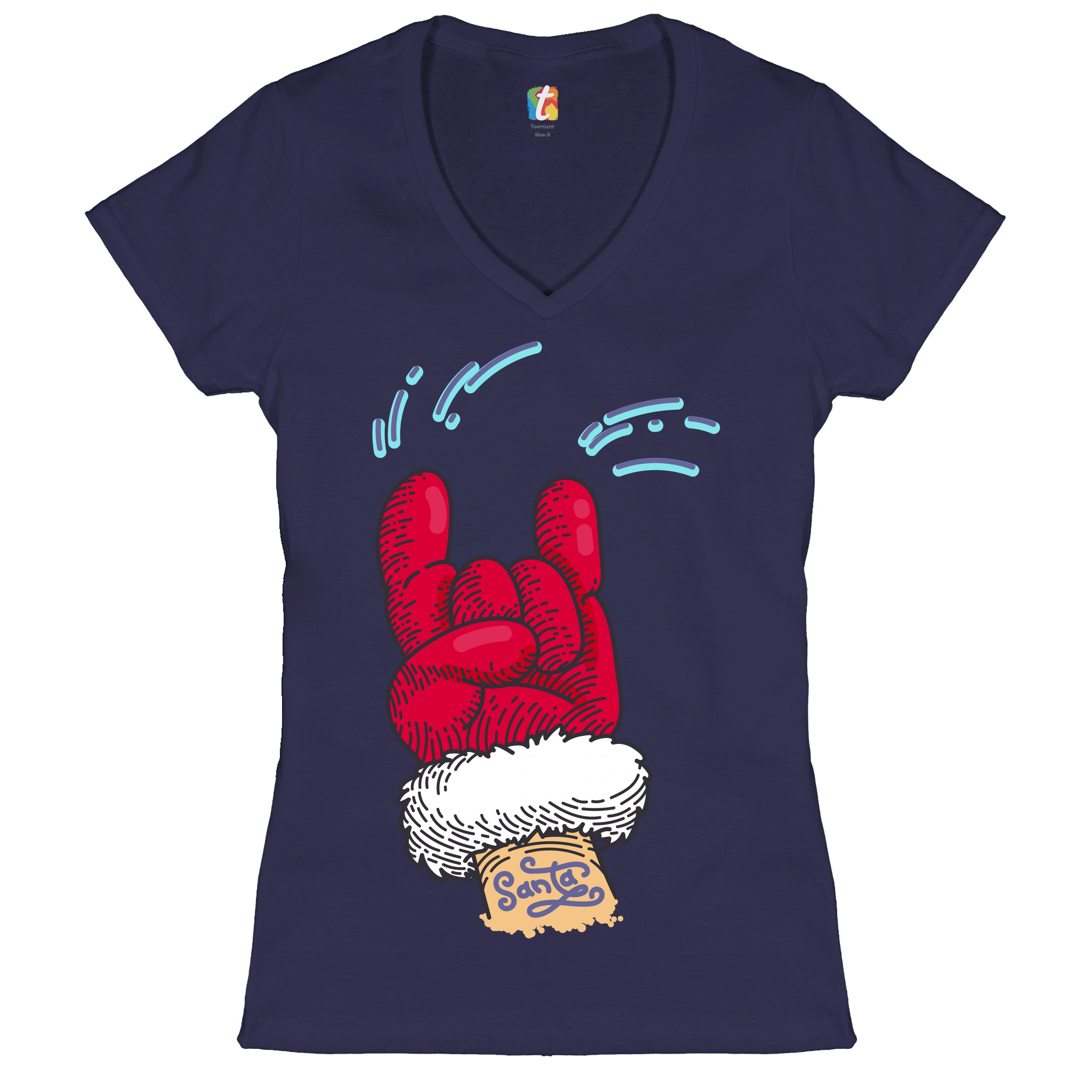 Santa Claus Rock Horns Women's V-Neck T-shirt Merry Christmas Xmas Holiday Tee - Picture 26 of 41