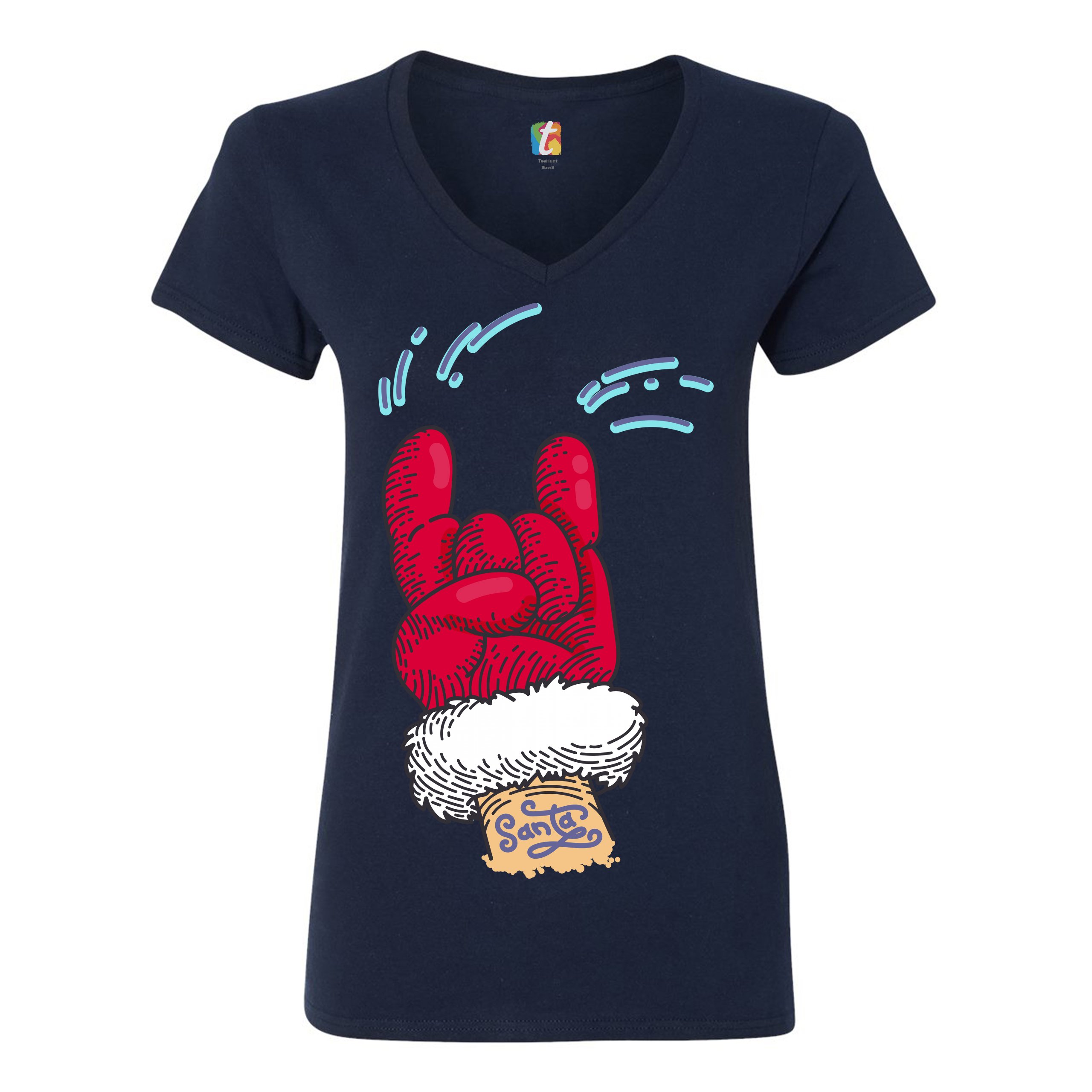 Santa Claus Rock Horns Women's V-Neck T-shirt Merry Christmas Xmas Holiday Tee - Picture 27 of 41