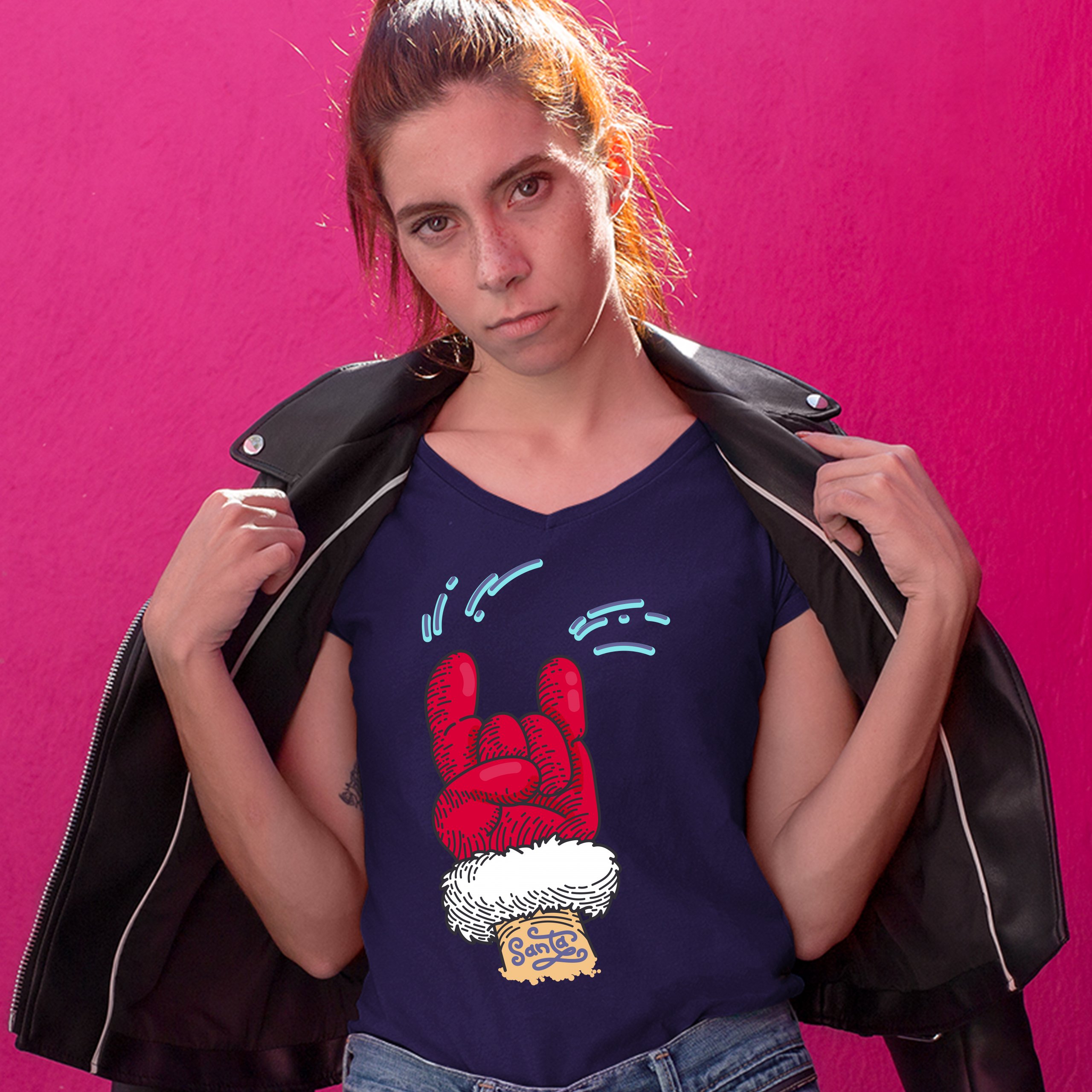 Santa Claus Rock Horns Women's V-Neck T-shirt Merry Christmas Xmas Holiday Tee - Picture 29 of 41