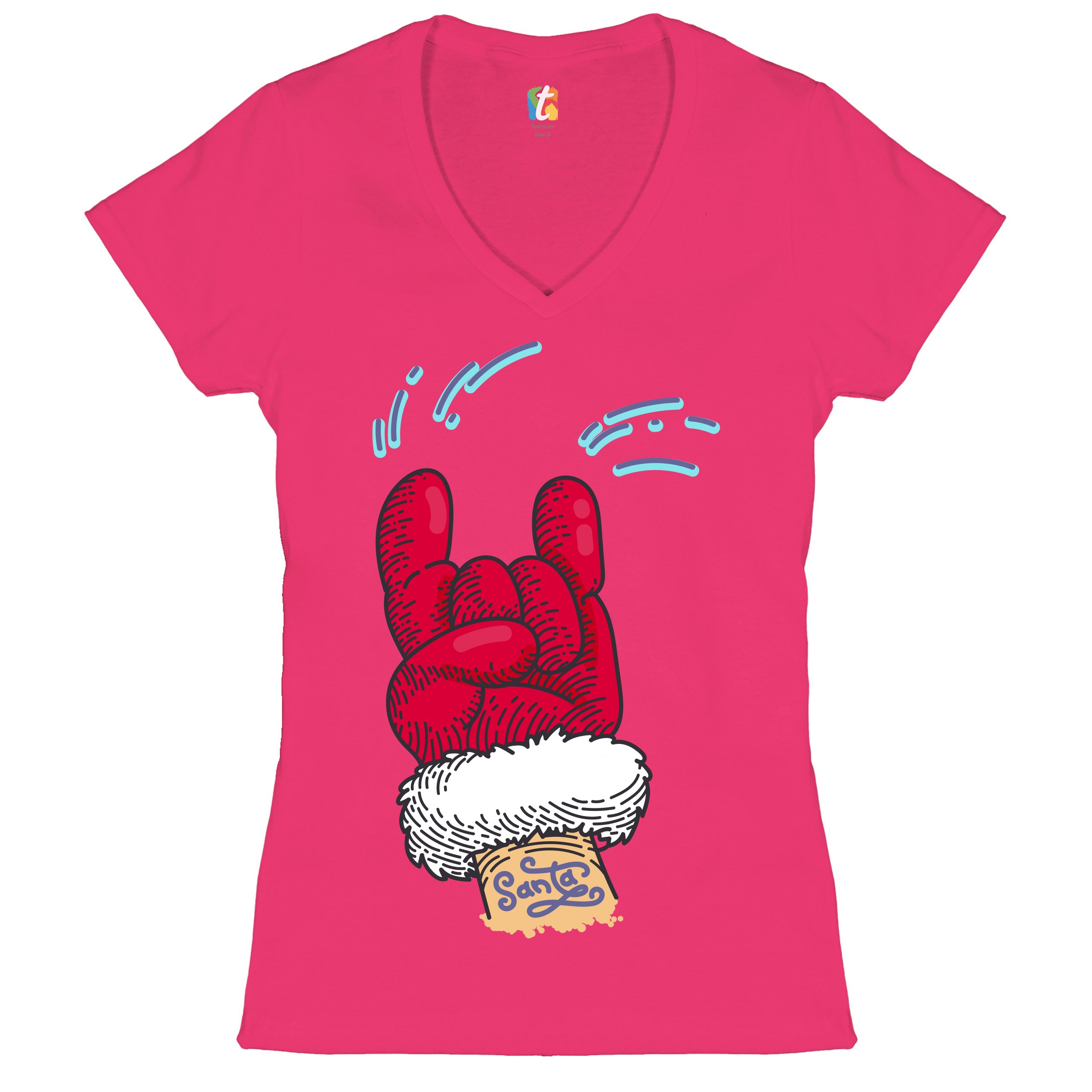 Santa Claus Rock Horns Women's V-Neck T-shirt Merry Christmas Xmas Holiday Tee - Picture 34 of 41