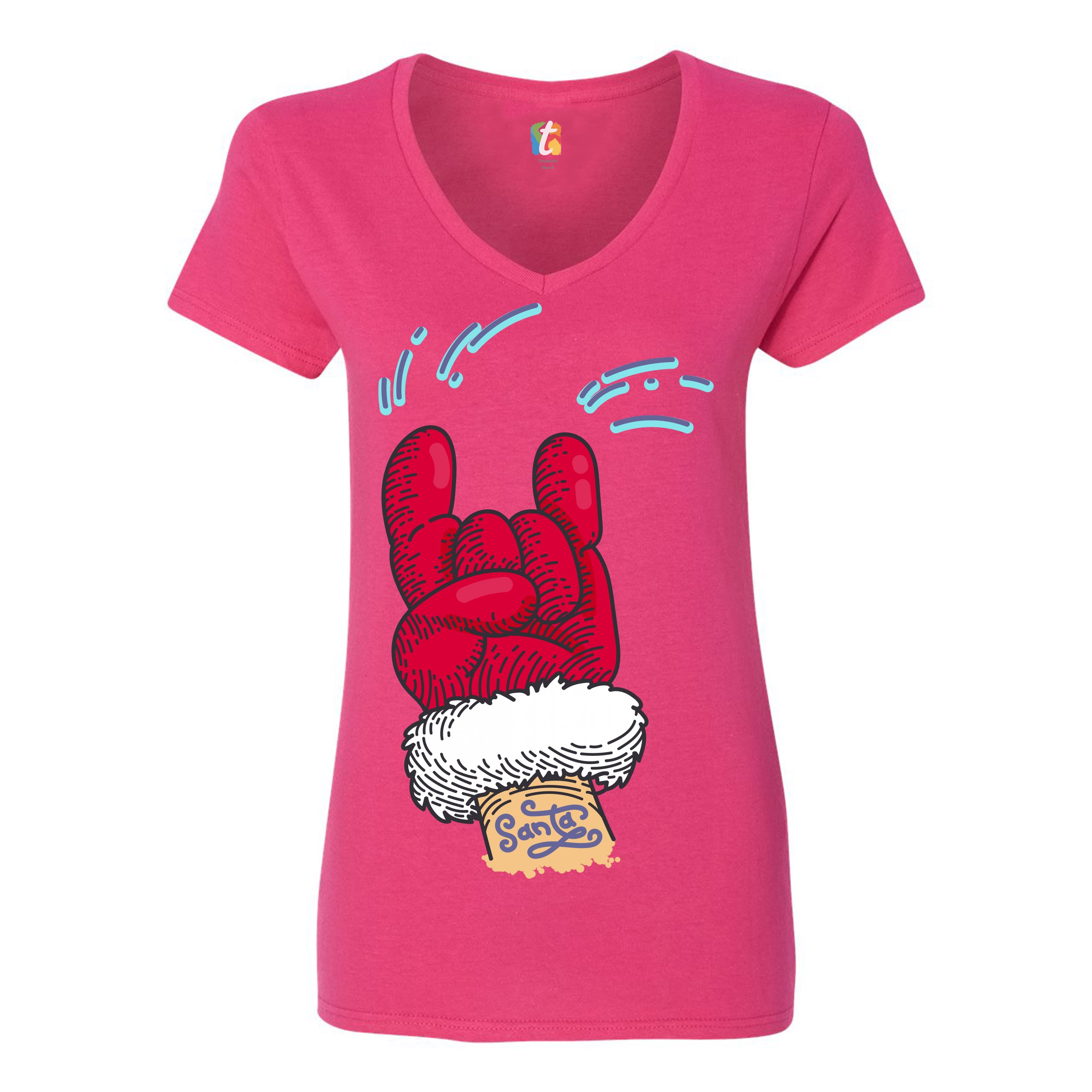 Santa Claus Rock Horns Women's V-Neck T-shirt Merry Christmas Xmas Holiday Tee - Picture 35 of 41