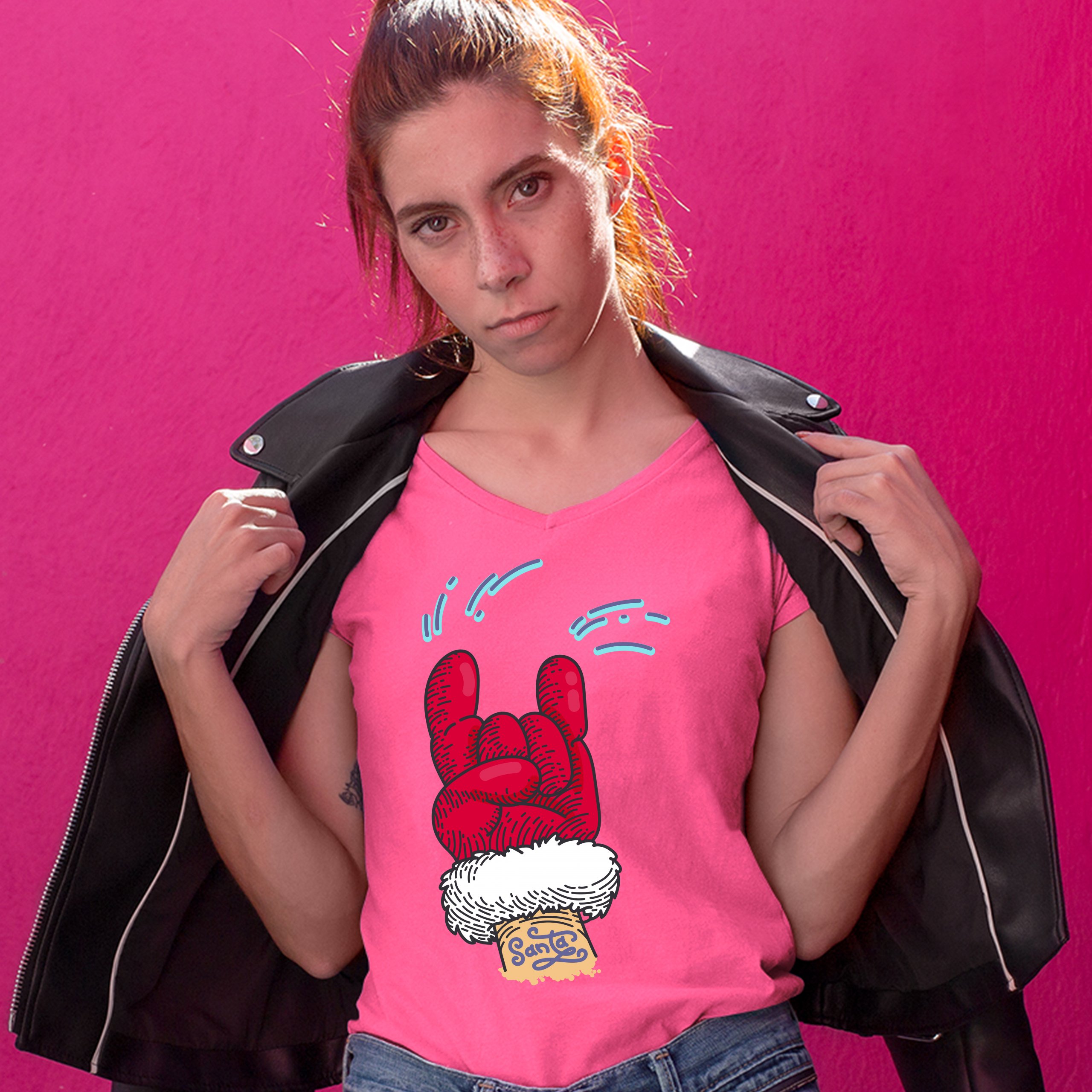 Santa Claus Rock Horns Women's V-Neck T-shirt Merry Christmas Xmas Holiday Tee - Picture 37 of 41