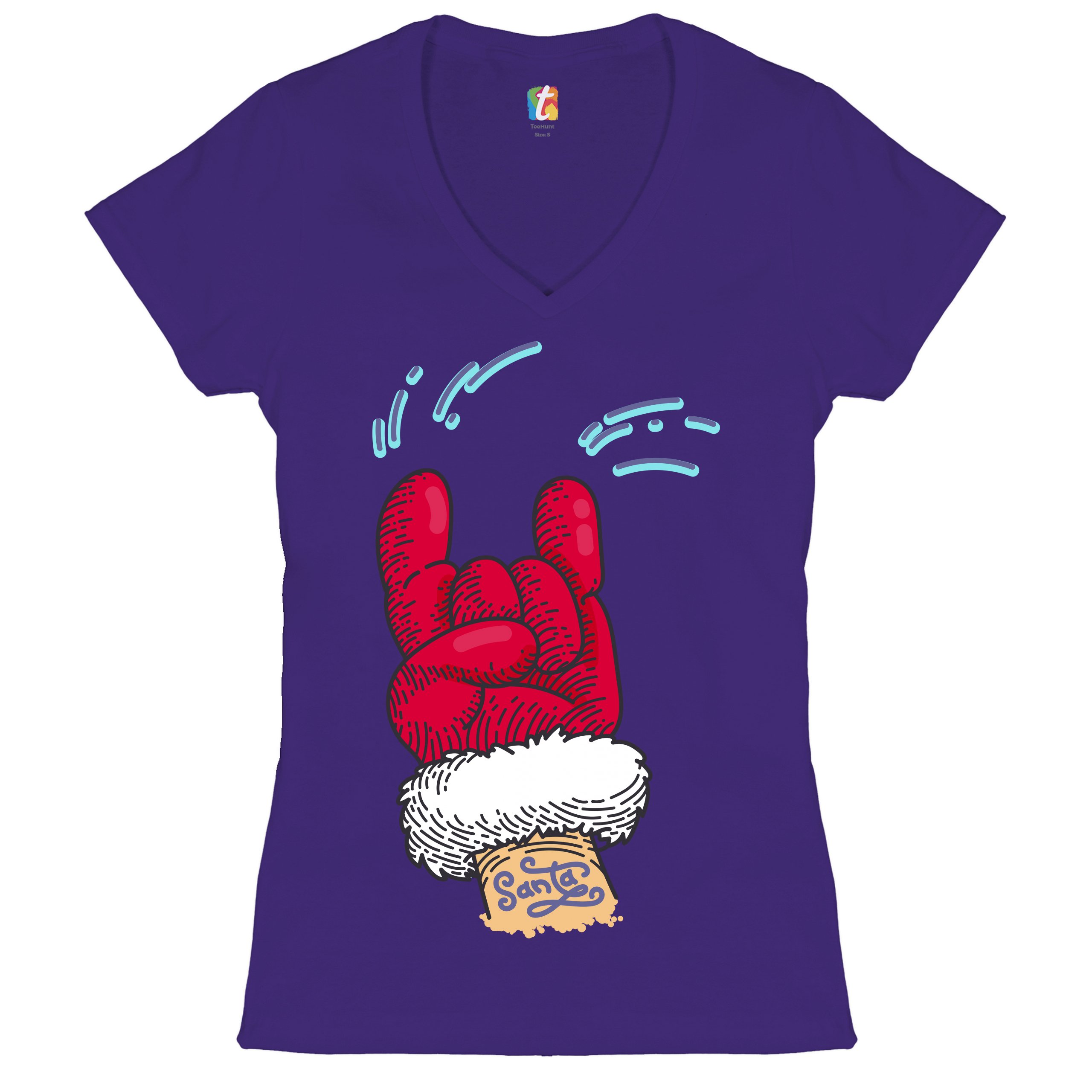 Santa Claus Rock Horns Women's V-Neck T-shirt Merry Christmas Xmas Holiday Tee - Picture 14 of 41
